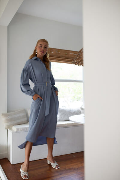 Satin Belted Shirtdress- Periwinkle- FINAL SALE