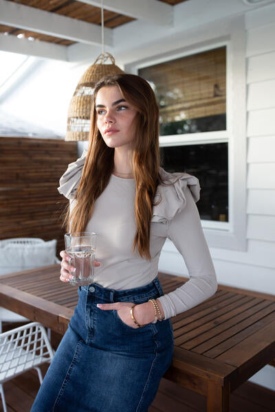 Ruffle-Shoulder Tee- Stone- FINAL SALE