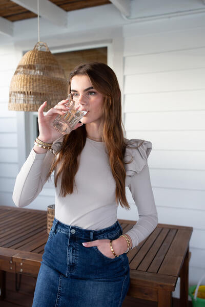 Ruffle-Shoulder Tee- Stone- FINAL SALE