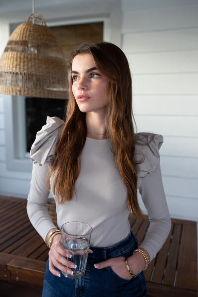 Ruffle-Shoulder Tee- Stone- FINAL SALE
