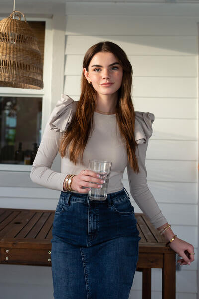 Ruffle-Shoulder Tee- Stone- FINAL SALE