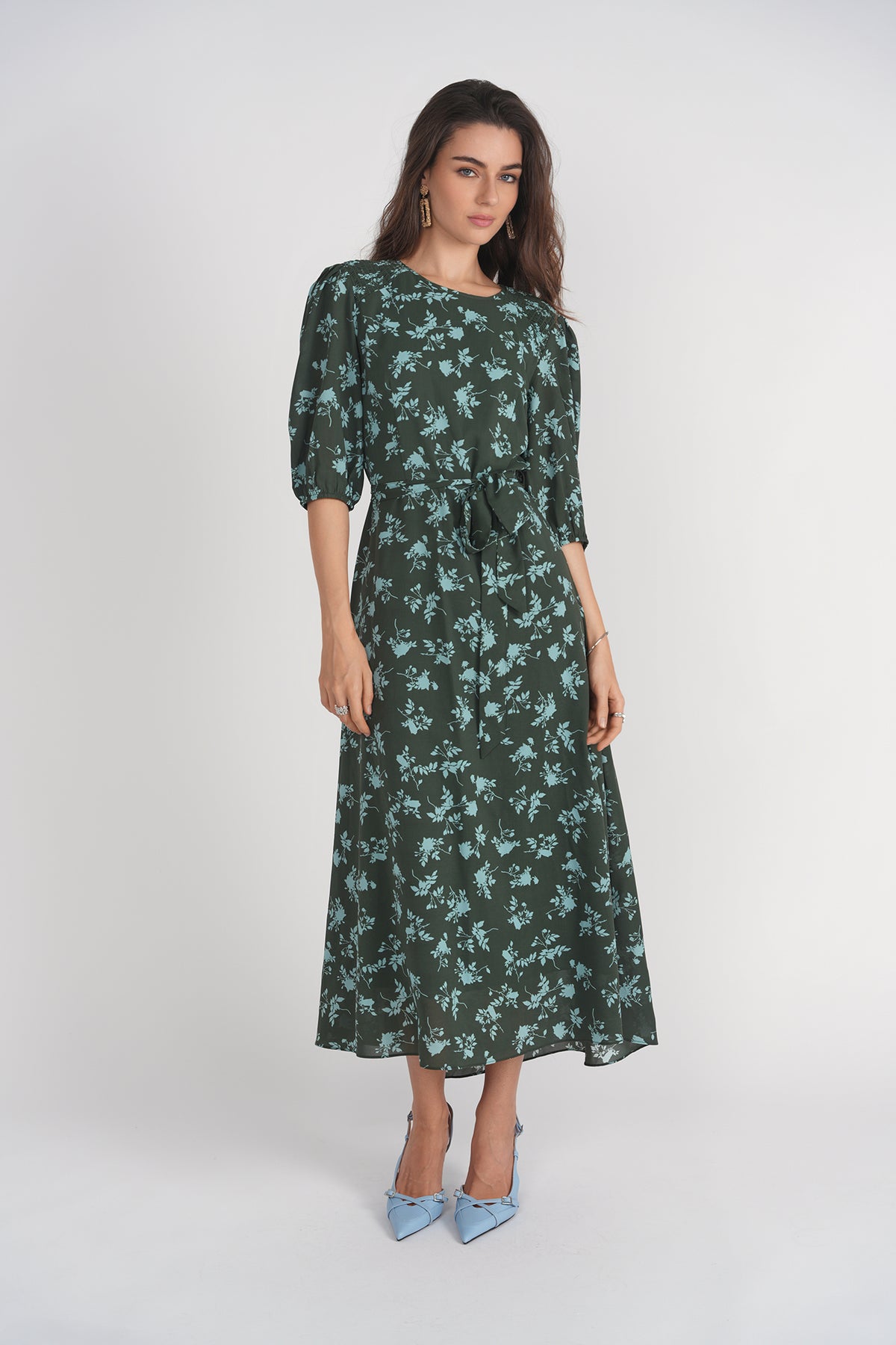 Smocked Shoulder Dress- Light Blue Florals on Green 1XL