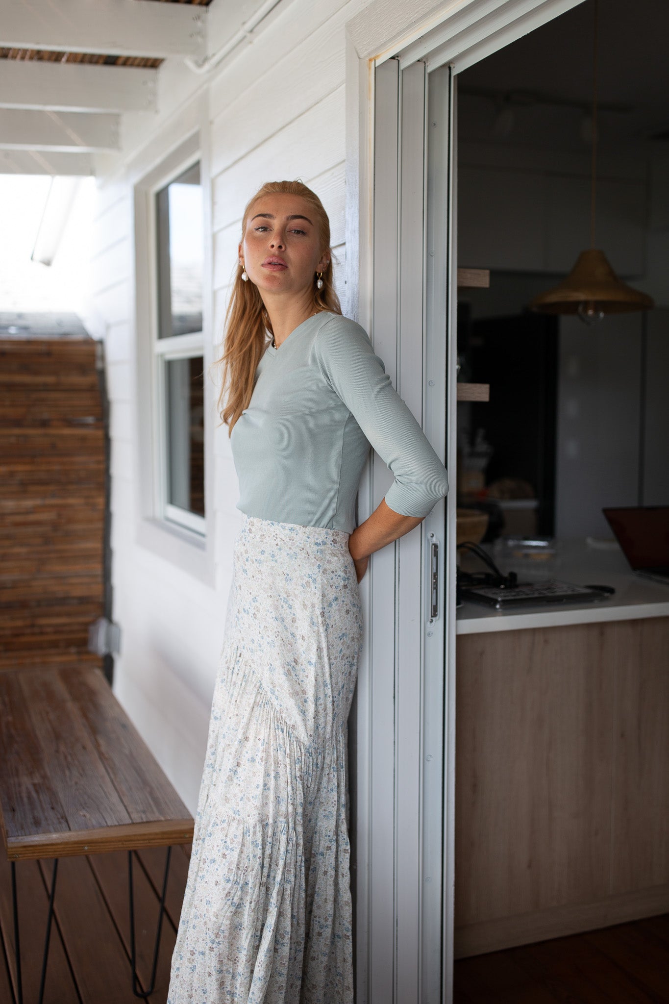 3-4 Sleeve Ribbed V Neck Tee- Sage- FINAL SALE
