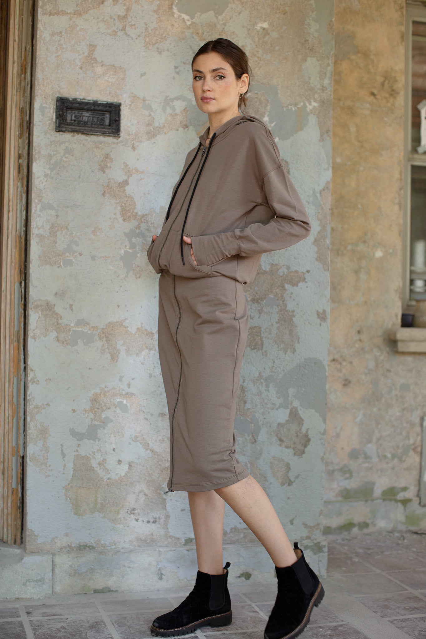Front Zip Hoodie Dress- Taupe- FINAL SALE