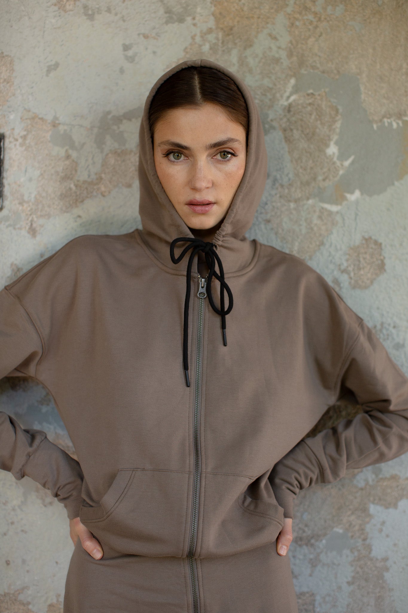 Front Zip Hoodie Dress- Taupe- FINAL SALE