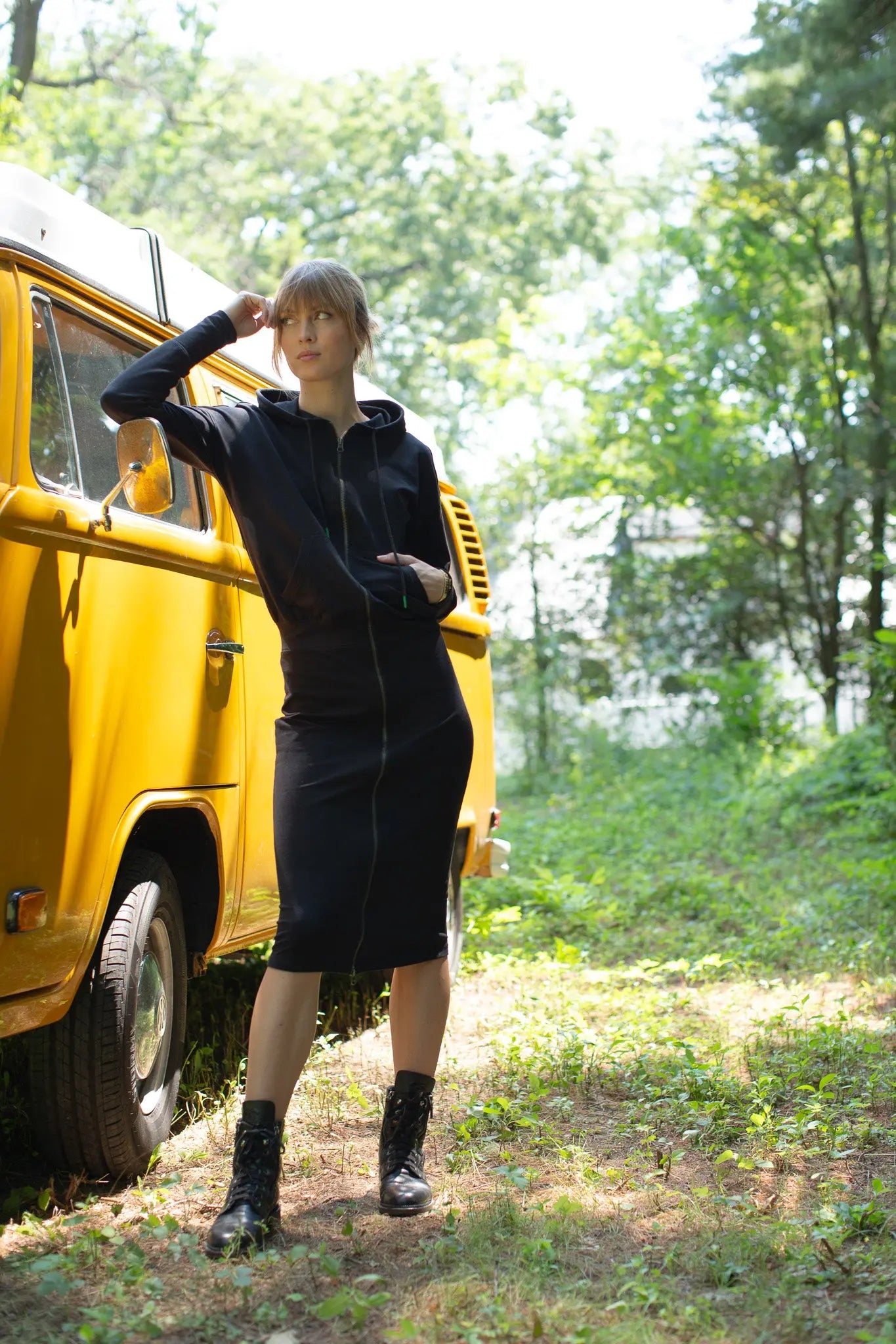 Front Zip Hoodie Dress- Black- FINAL SALE