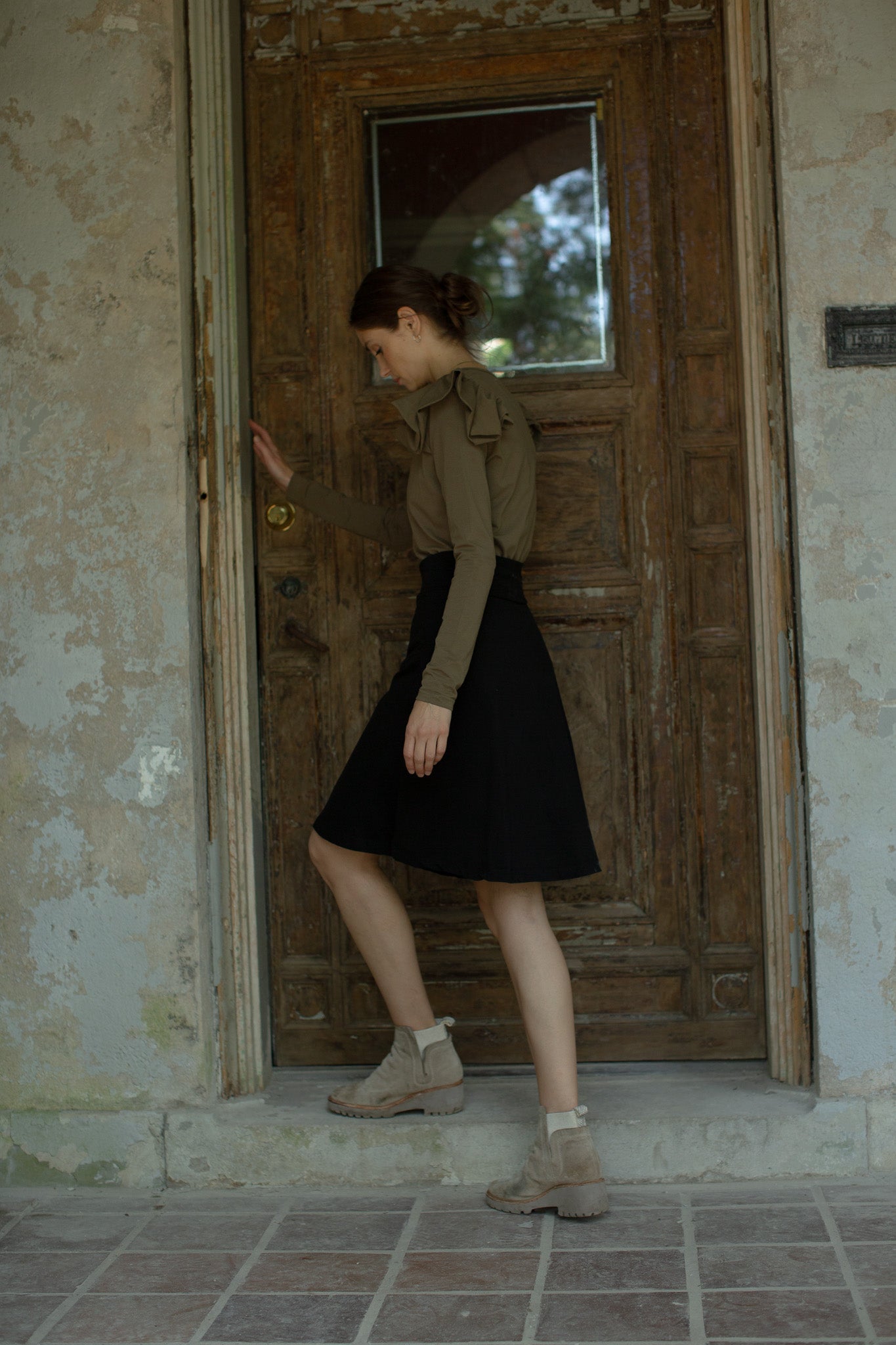 Ruffle Shoulder Long Sleeve Tee- Moss- FINAL SALE