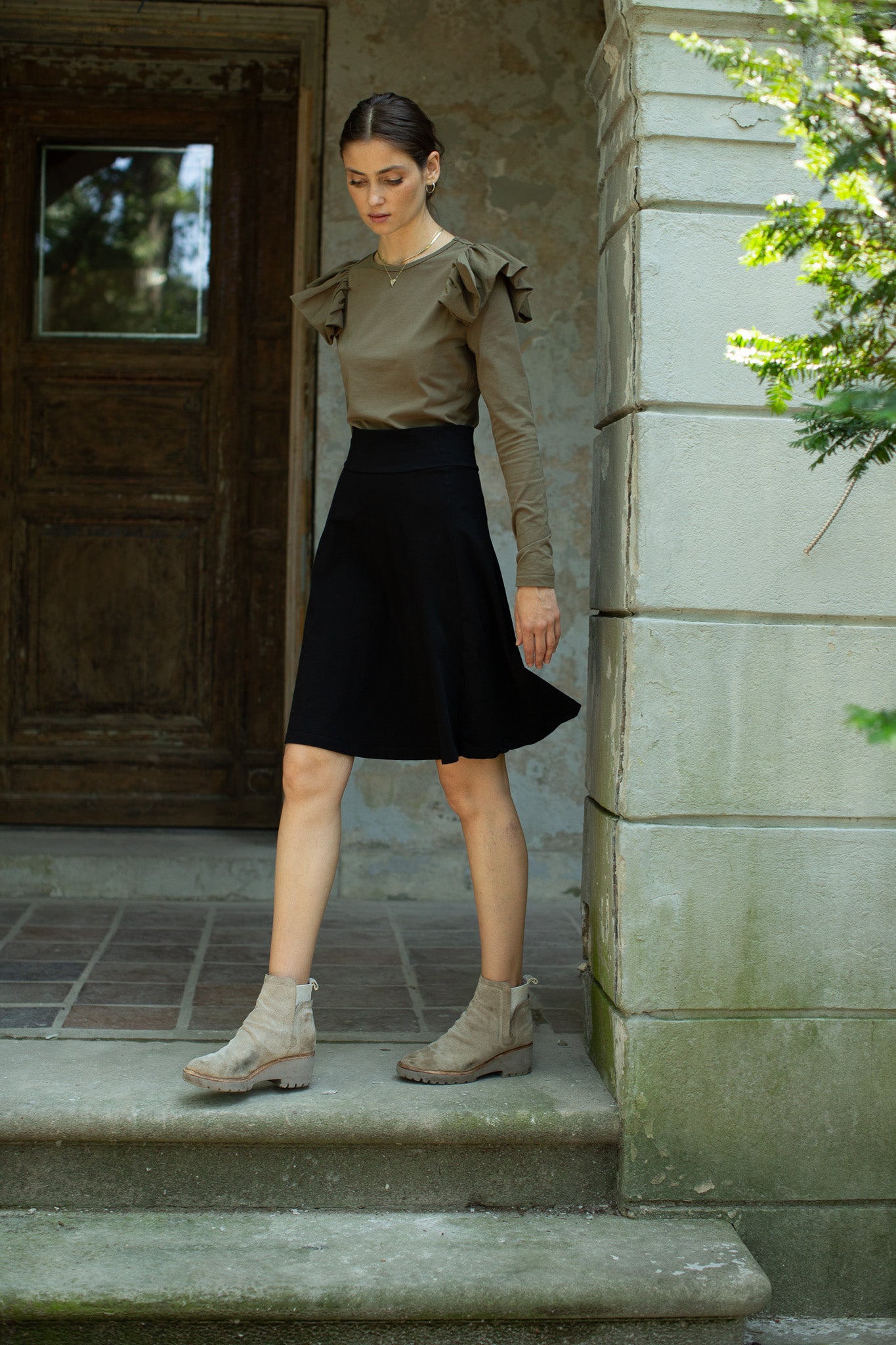 Ruffle Shoulder Long Sleeve Tee- Moss- FINAL SALE