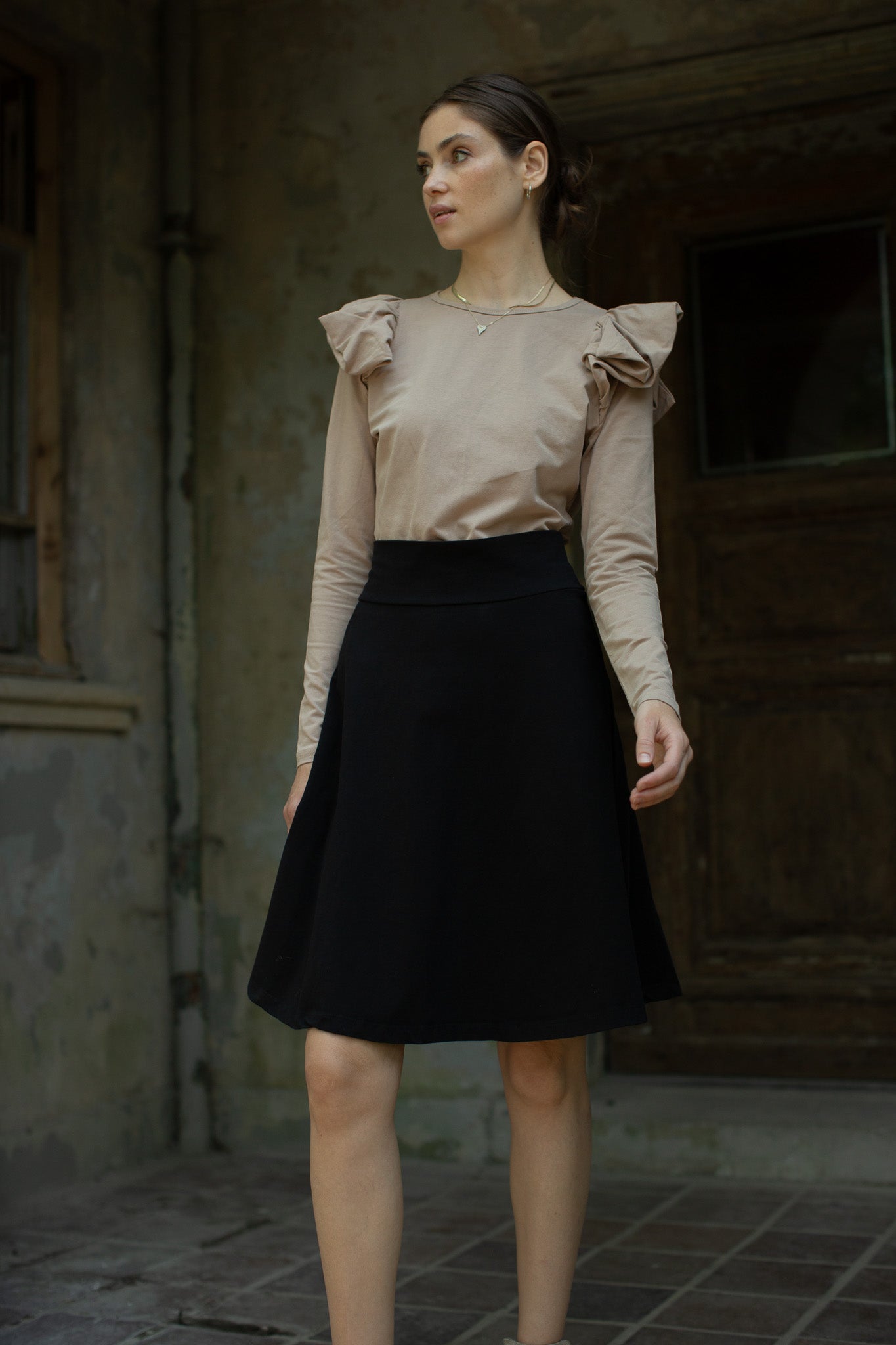 Ruffle Shoulder Long Sleeve Tee- Taupe- FINAL SALE