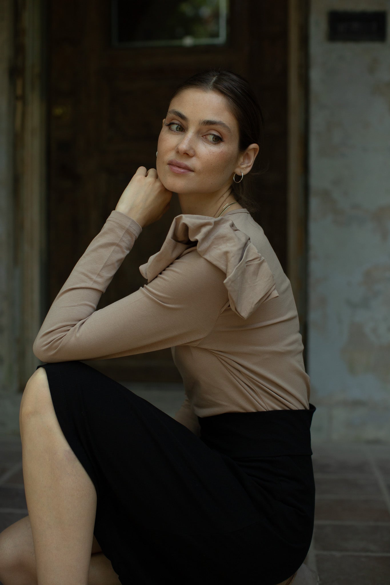 Ruffle Shoulder Long Sleeve Tee- Taupe- FINAL SALE