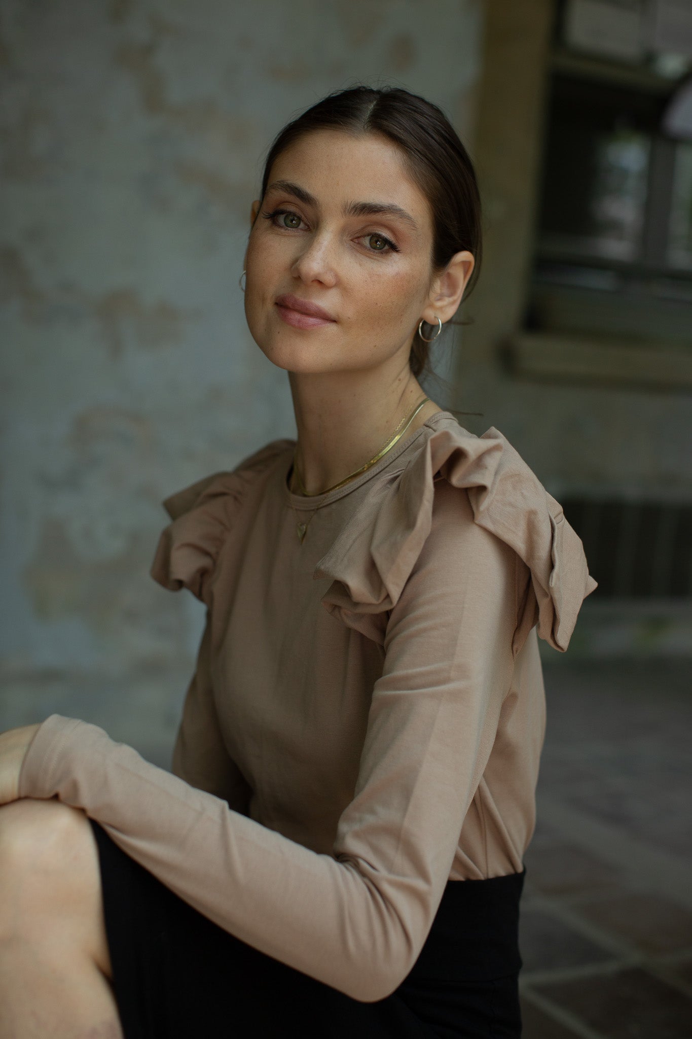 Ruffle Shoulder Long Sleeve Tee- Taupe- FINAL SALE