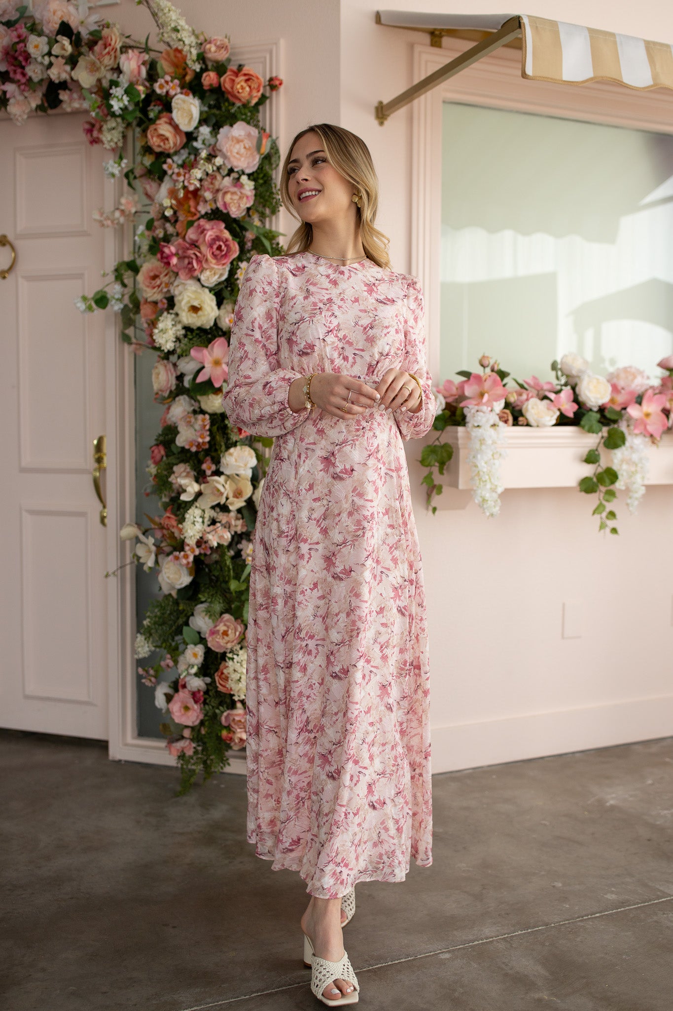 Pleated Waist Midi Dress – Pink Burnout Chiffon- FINAL SALE