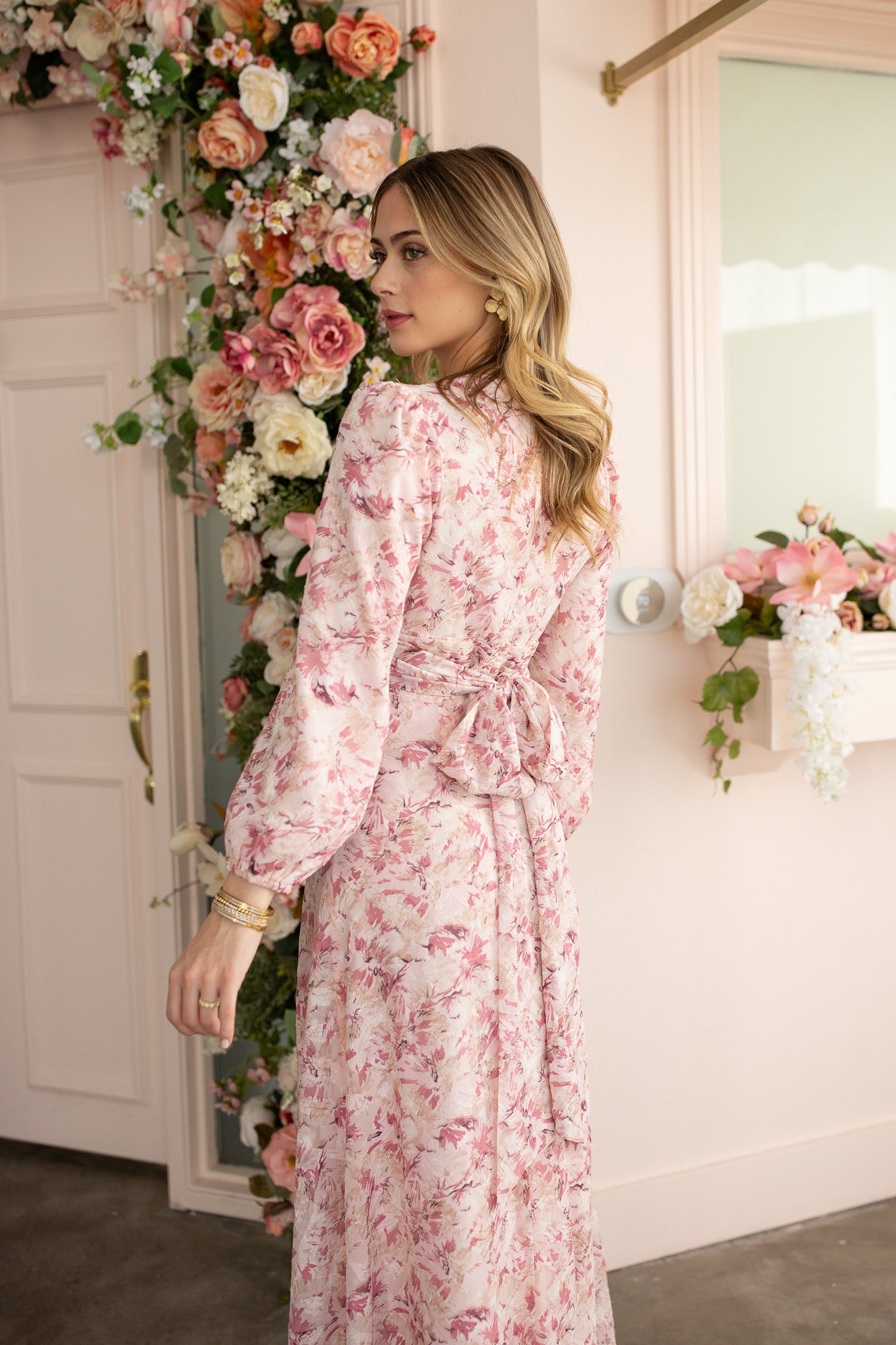 Pleated Waist Midi Dress – Pink Burnout Chiffon- FINAL SALE