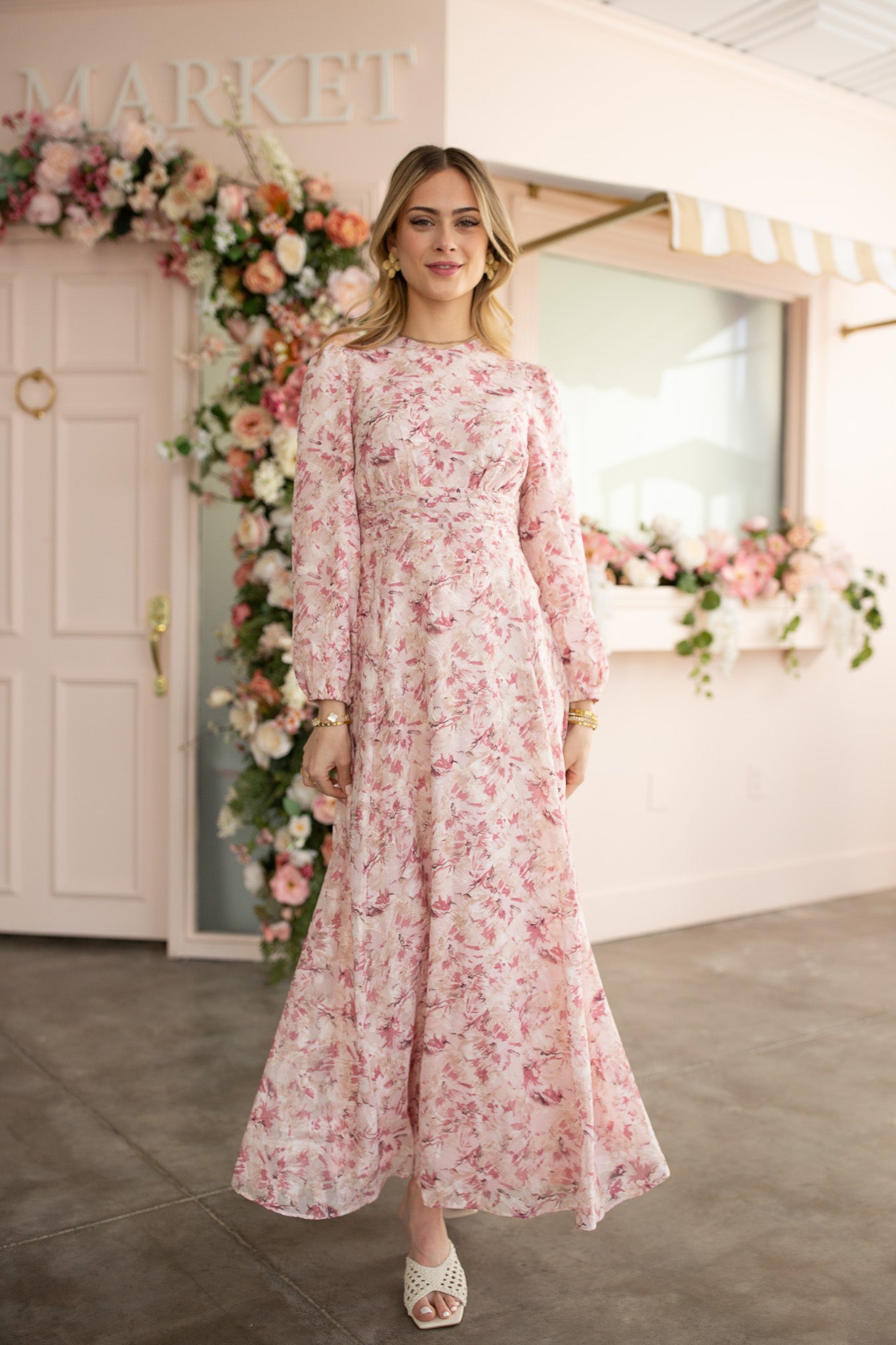 Pleated Waist Midi Dress – Pink Burnout Chiffon- FINAL SALE