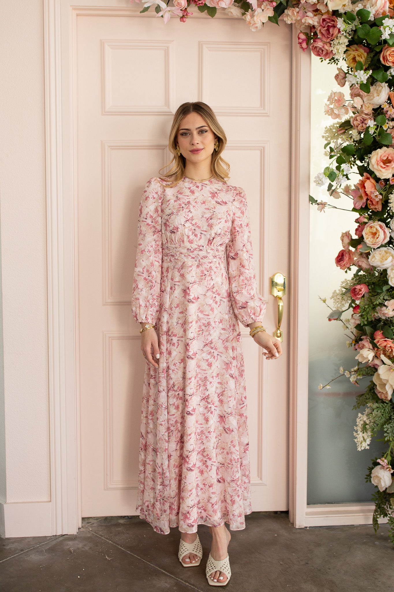 Pleated Waist Midi Dress – Pink Burnout Chiffon- FINAL SALE