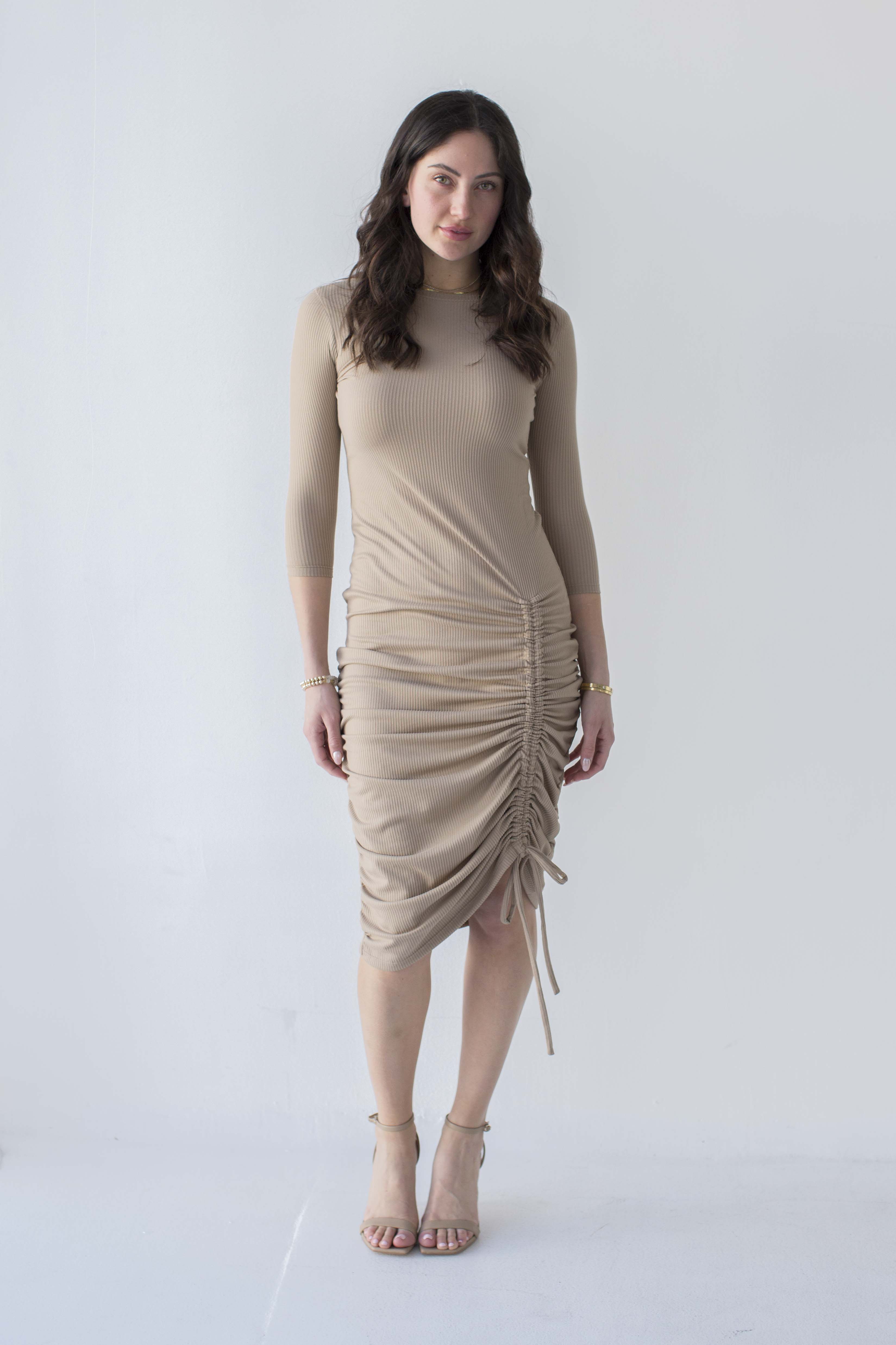 Drawstring Ribbed Midi 3/4 Sleeves in Taupe- FINAL SALE