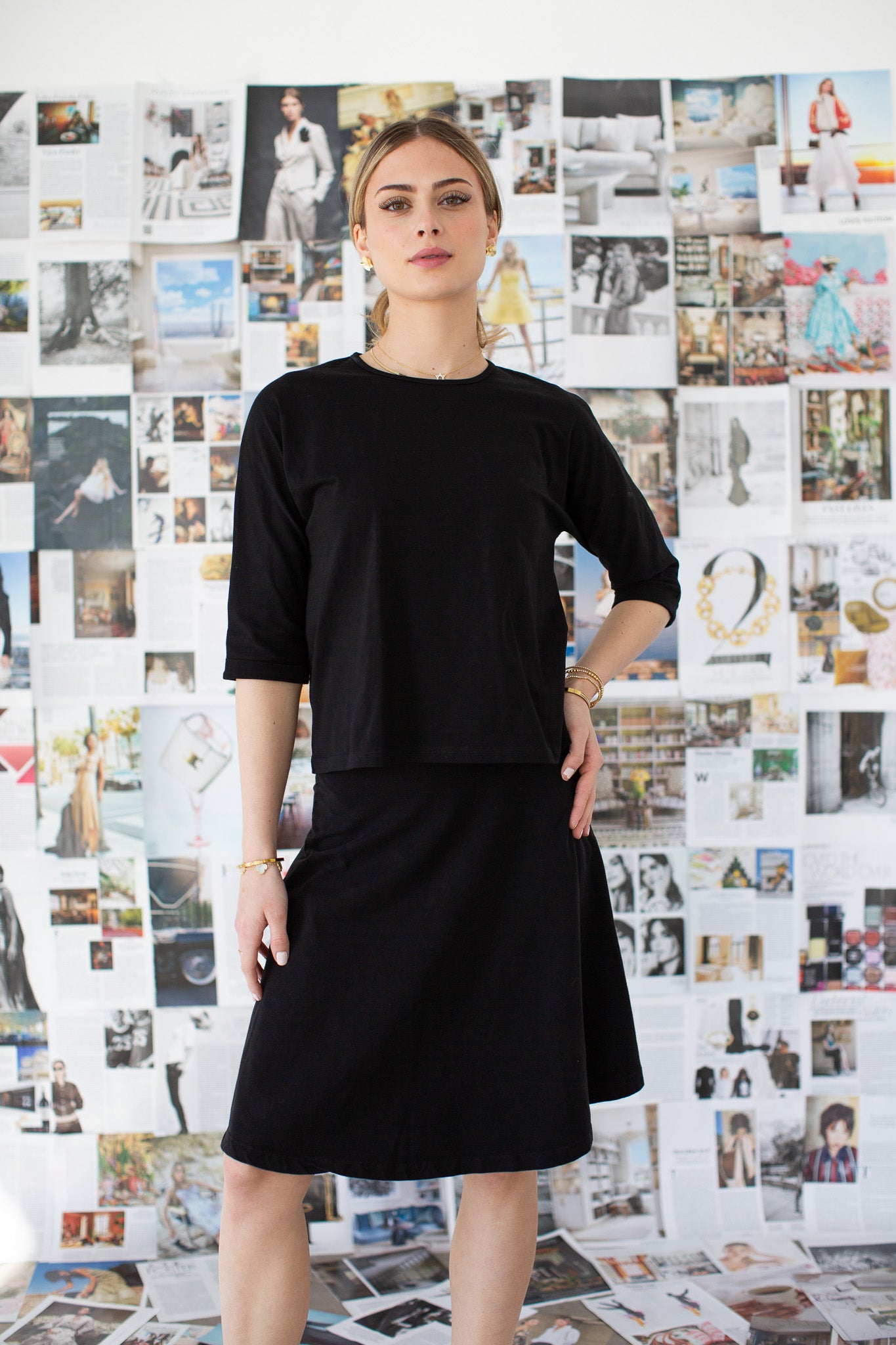 3-4 Sleeve Cotton Tee- Black- FINAL SALE