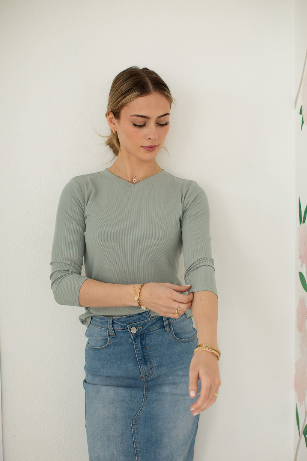 3-4 Sleeve Ribbed V Neck Tee- Sage- FINAL SALE