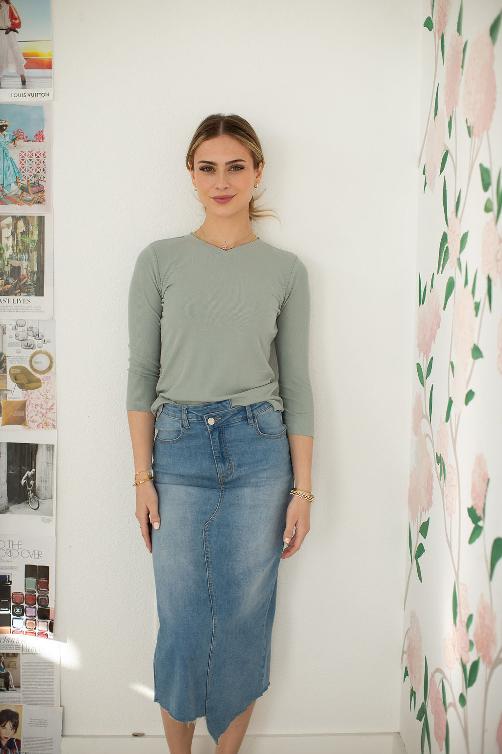 3-4 Sleeve Ribbed V Neck Tee- Sage- FINAL SALE