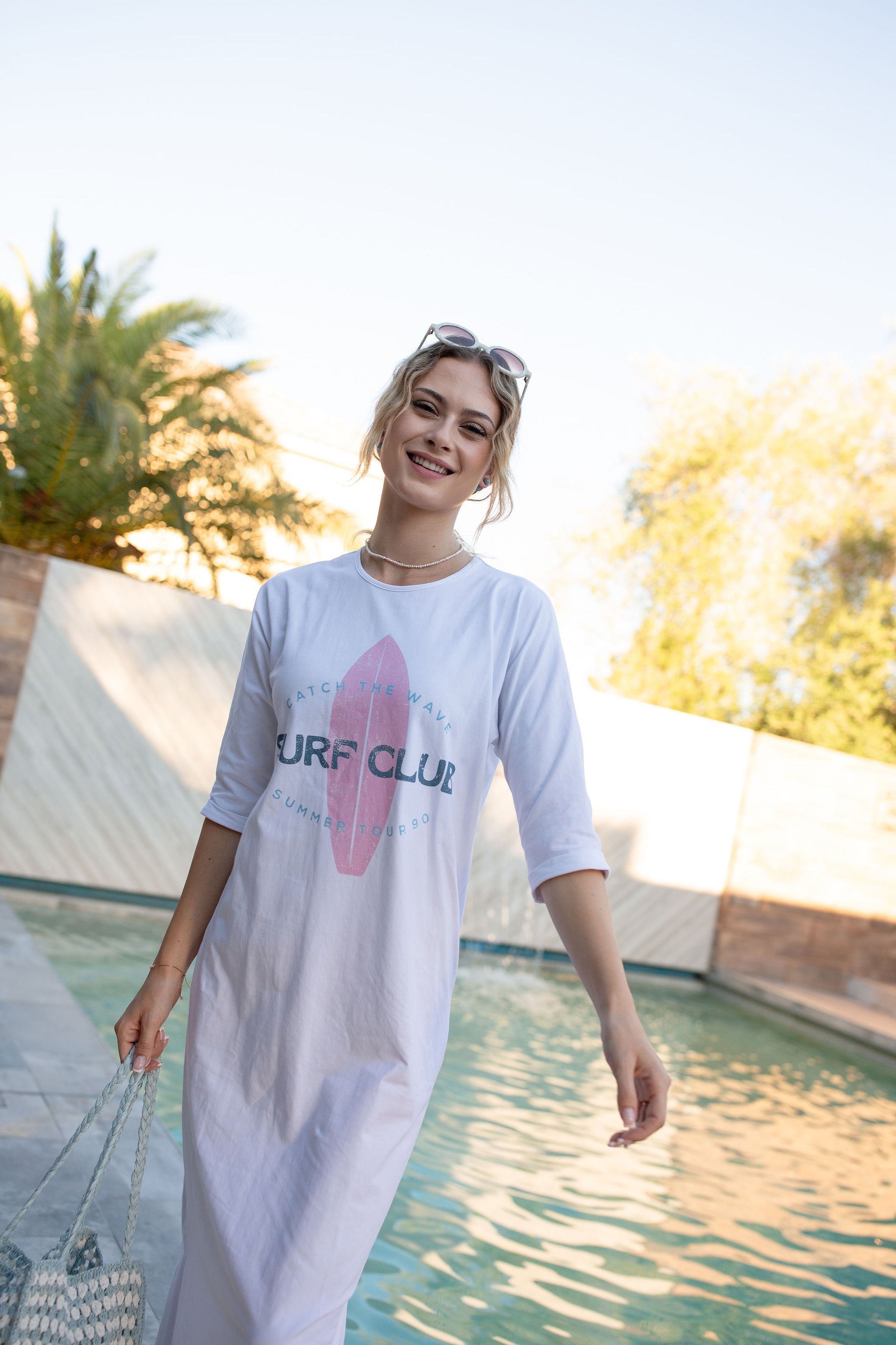 T-Shirt Dress Surf Club On White- Long- FINAL SALE