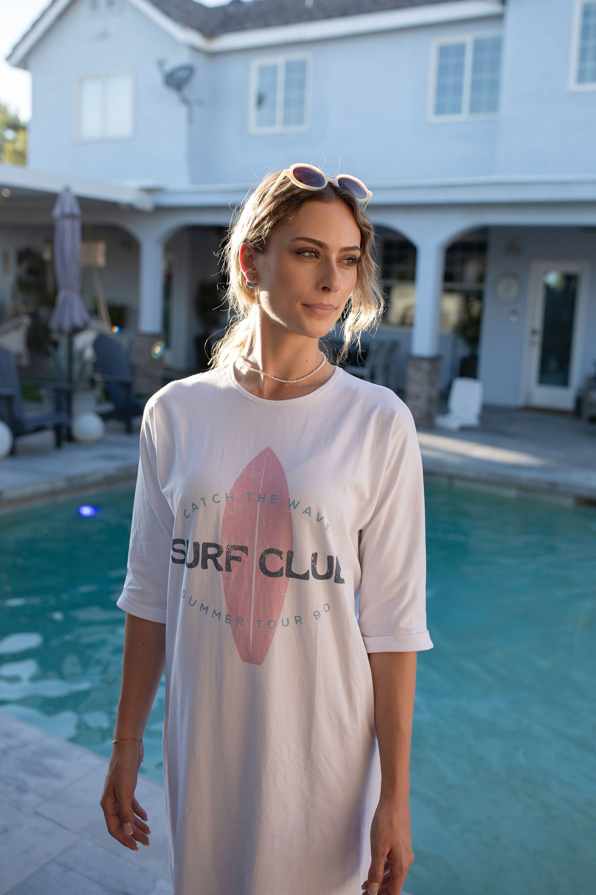 T-Shirt Dress Surf Club On White- Long- FINAL SALE