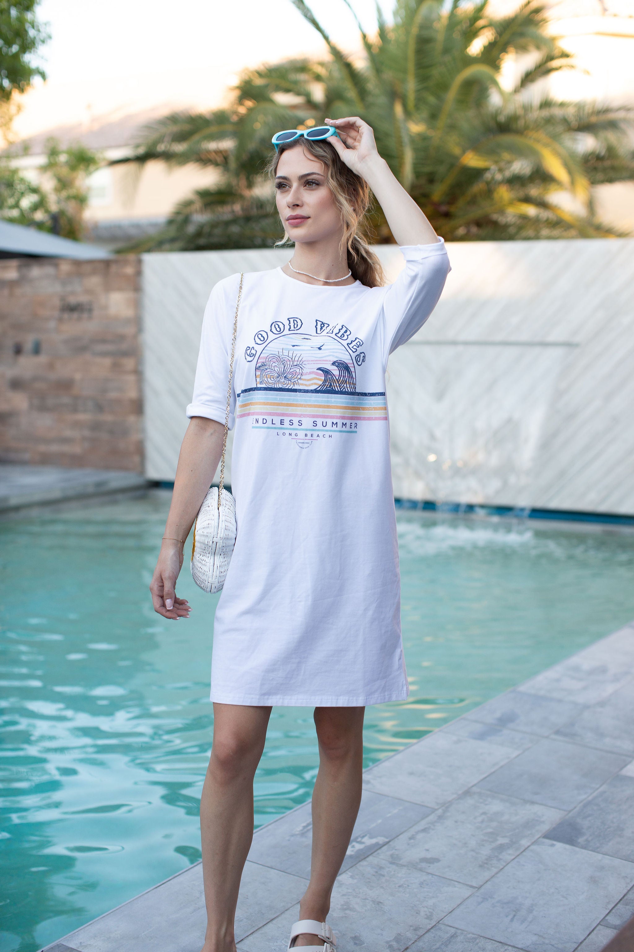 T-Shirt Dress Good Vibes On White- FINAL SALE