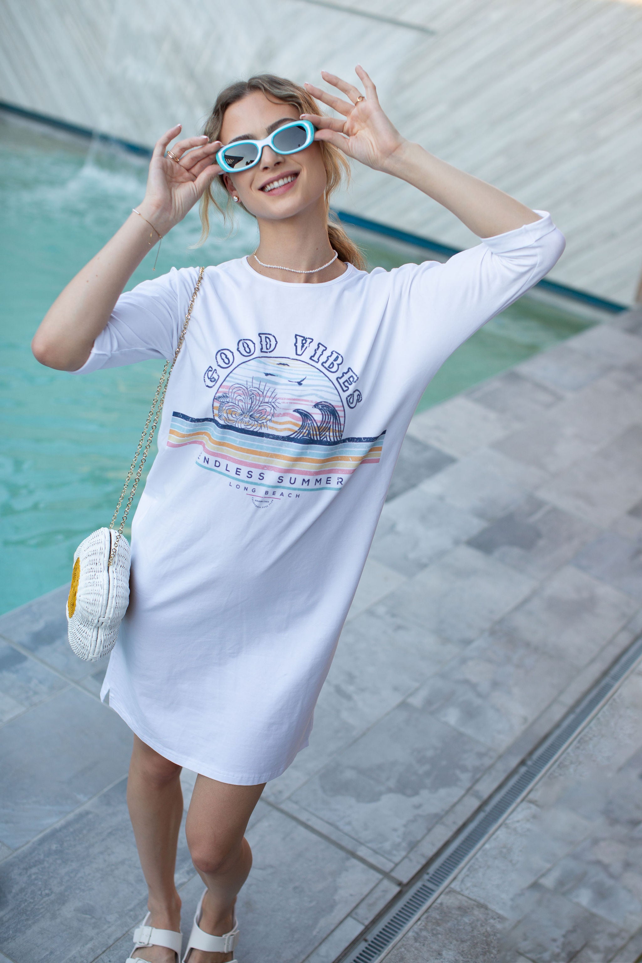 T-Shirt Dress Good Vibes On White- FINAL SALE