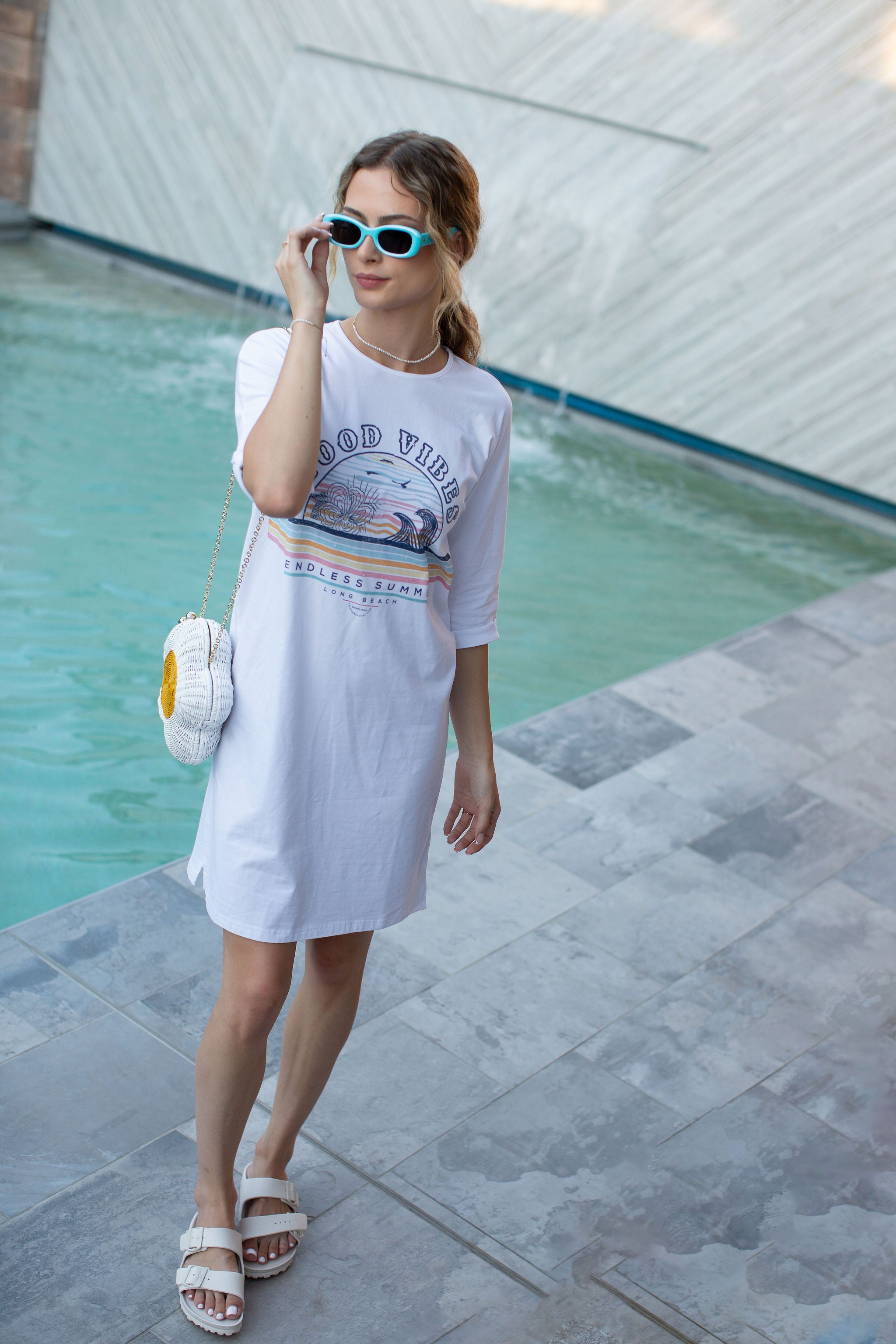 T-Shirt Dress Good Vibes On White- FINAL SALE