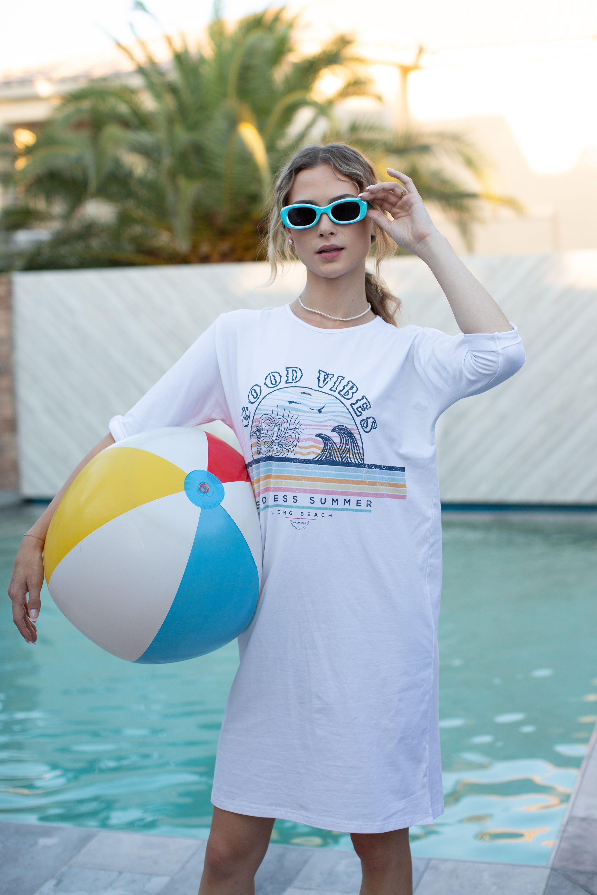 T-Shirt Dress Good Vibes On White- FINAL SALE