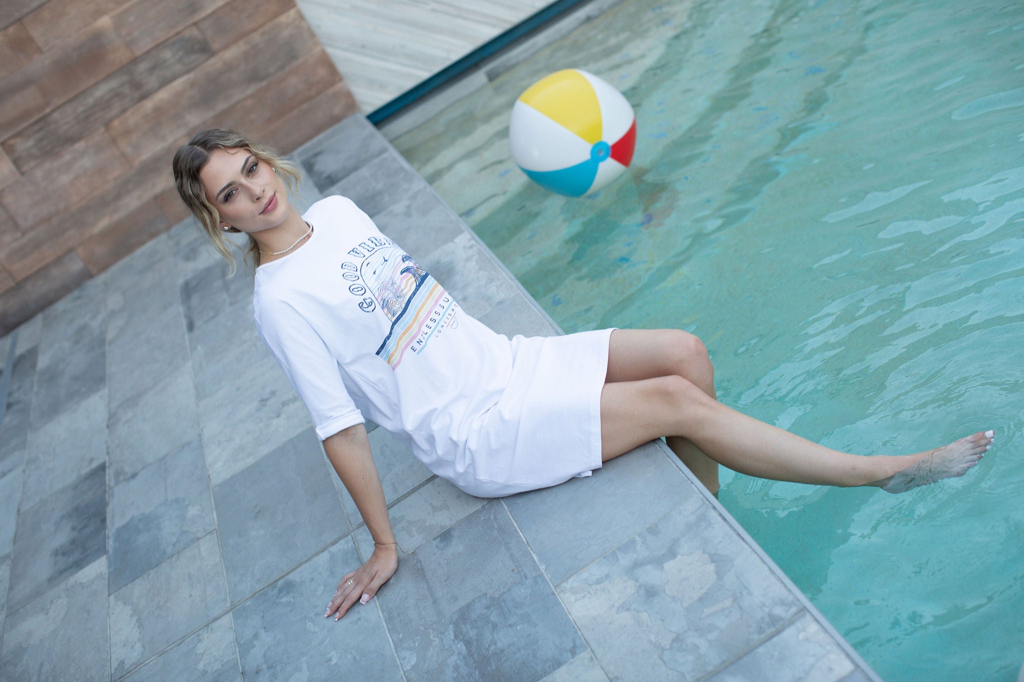 T-Shirt Dress Good Vibes On White- FINAL SALE