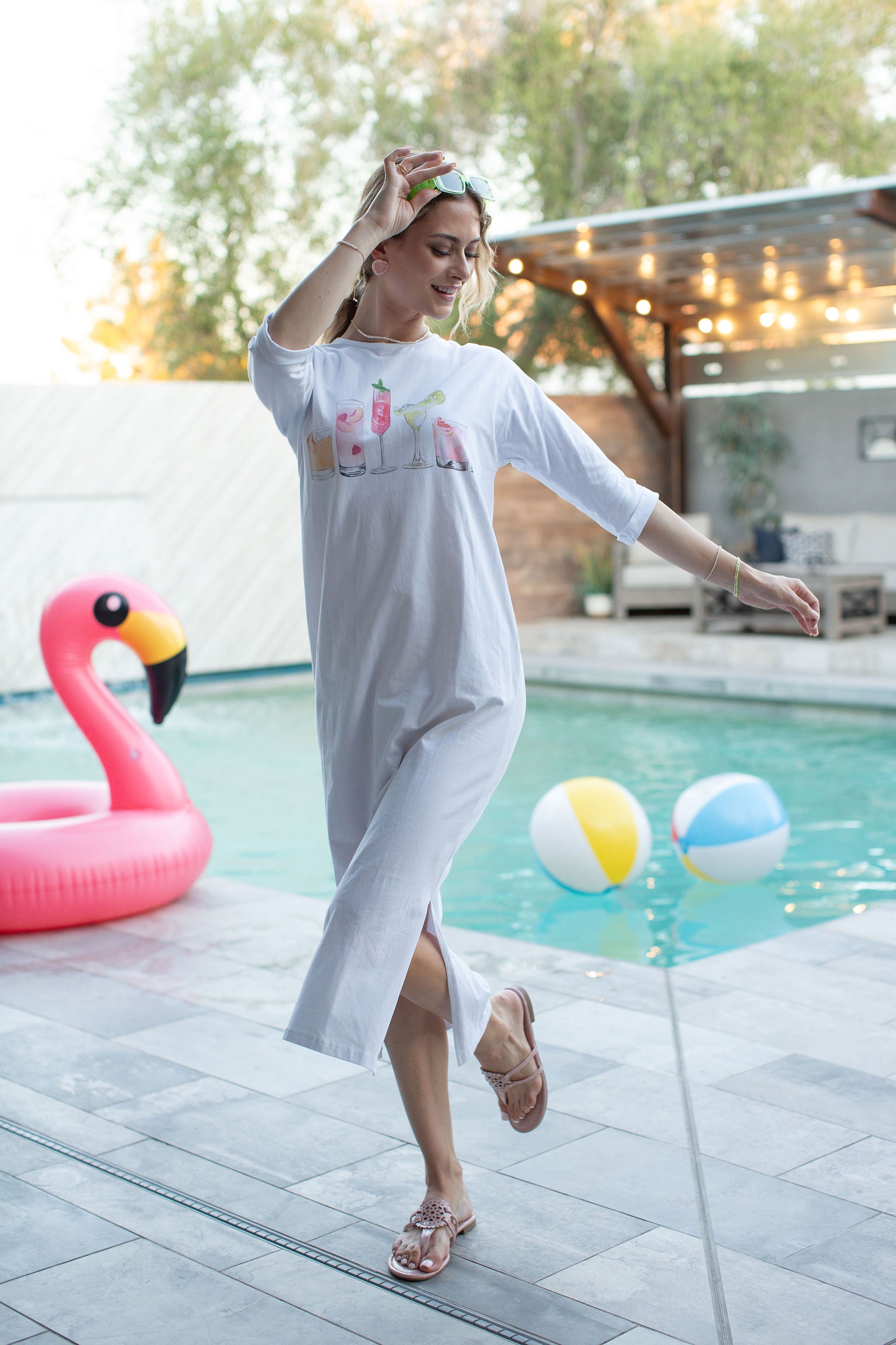 T-Shirt Dress Cocktails On White- Long- FINAL SALE