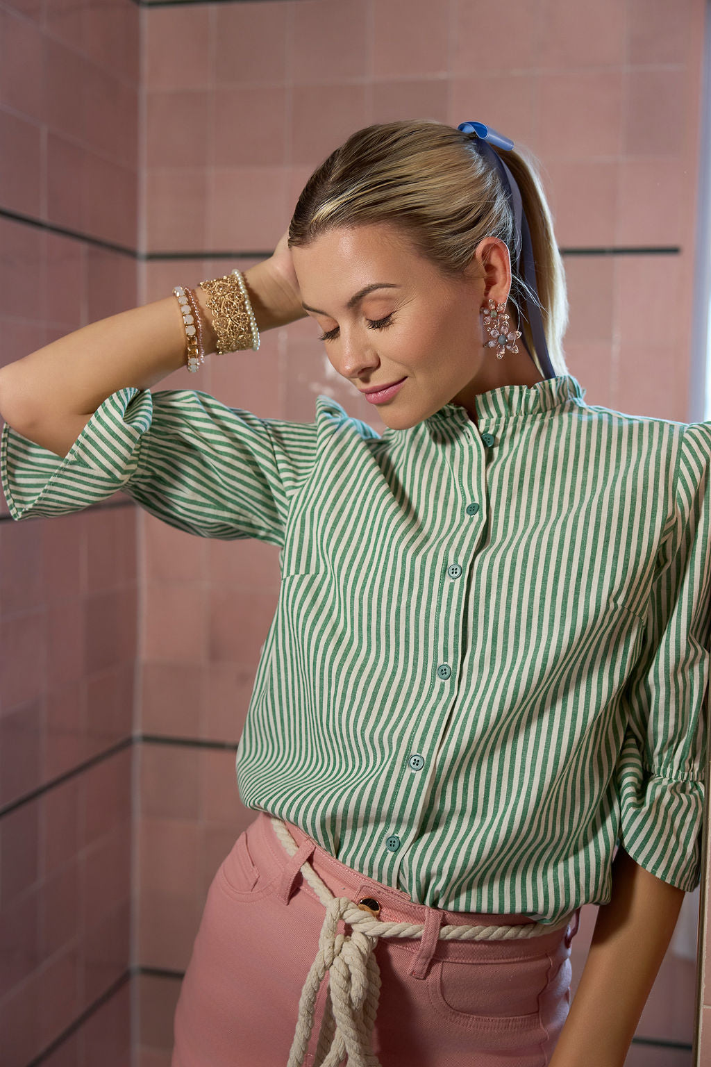 Ruffle Cuff Cotton Top- Green Stripes- FINAL SALE