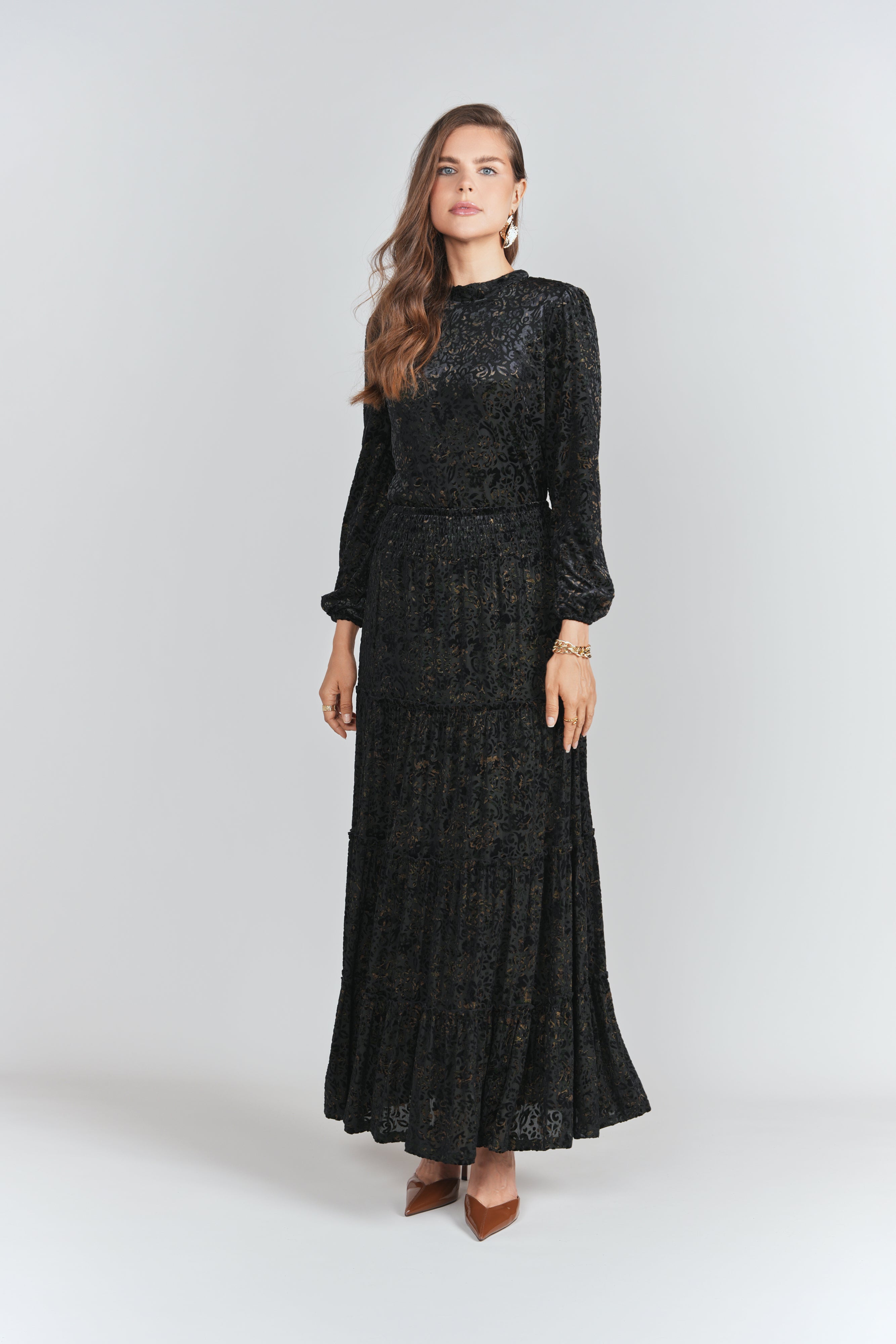 Burnout Velvet Tiered Maxi Skirt- Black with Emerald