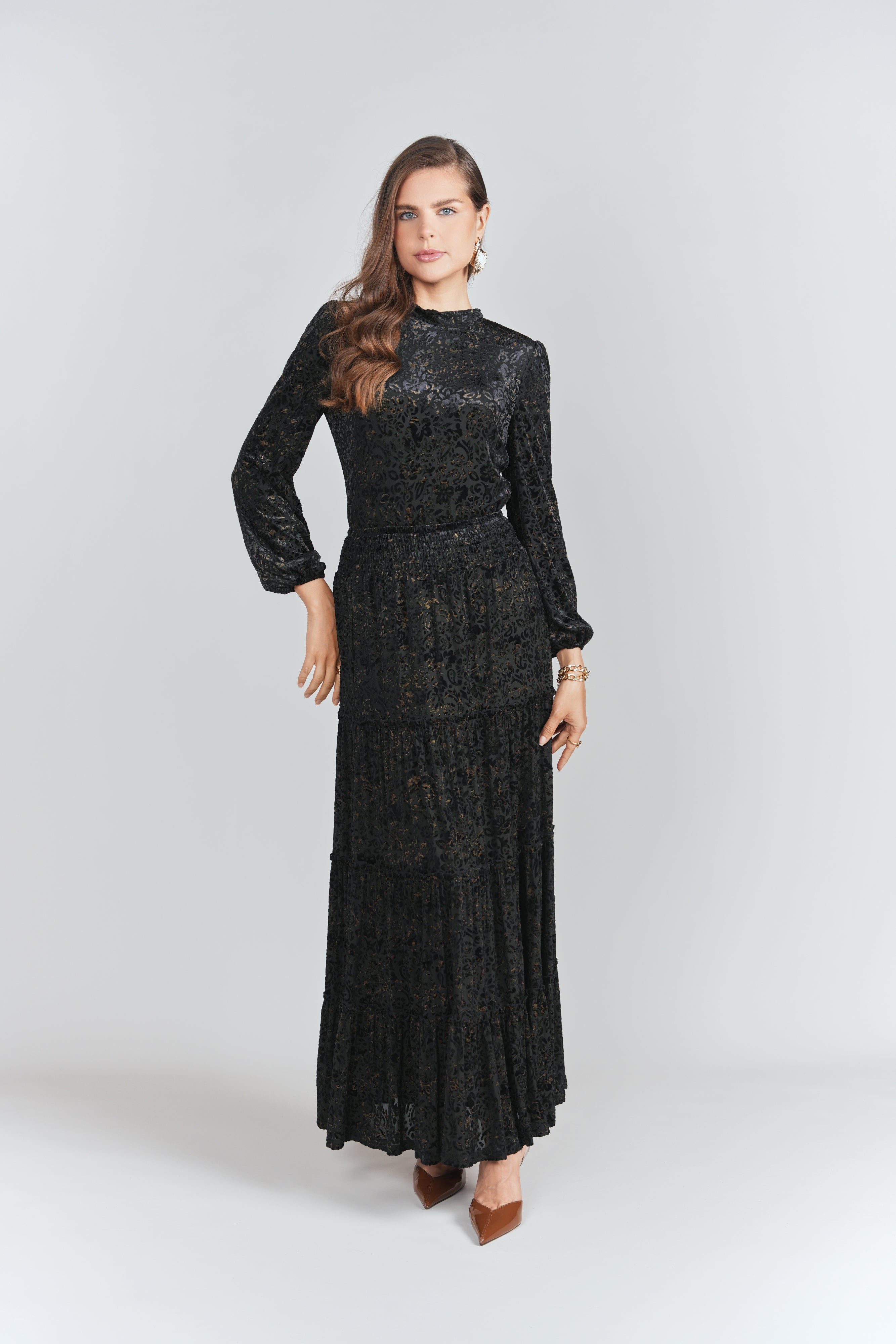 Burnout Velvet Tiered Maxi Skirt- Black with Emerald