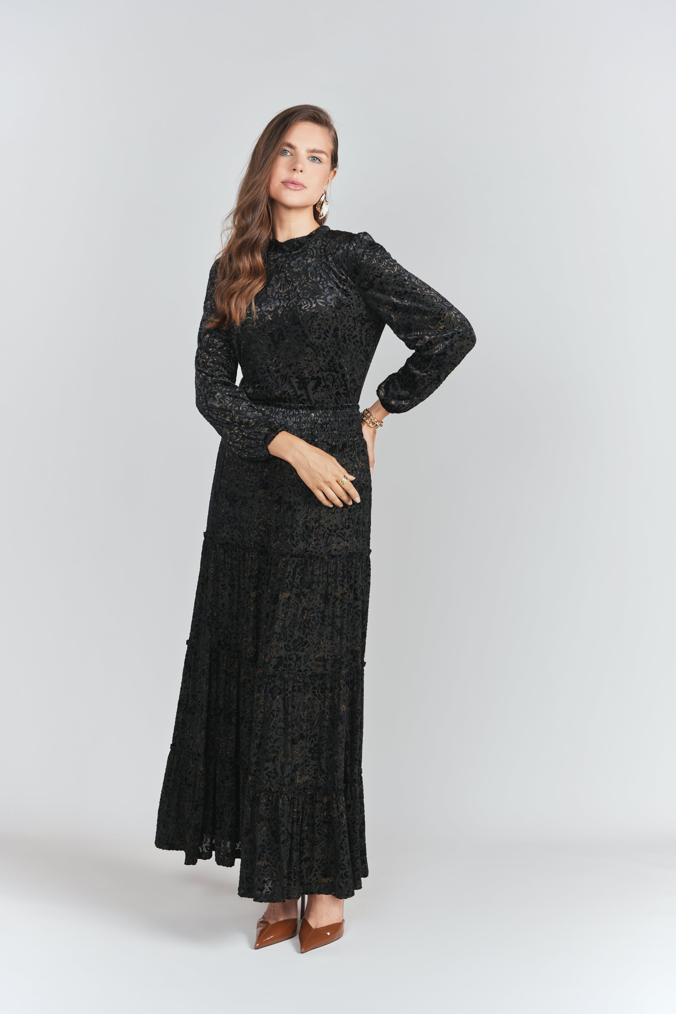 Burnout Velvet Tiered Maxi Skirt- Black with Emerald