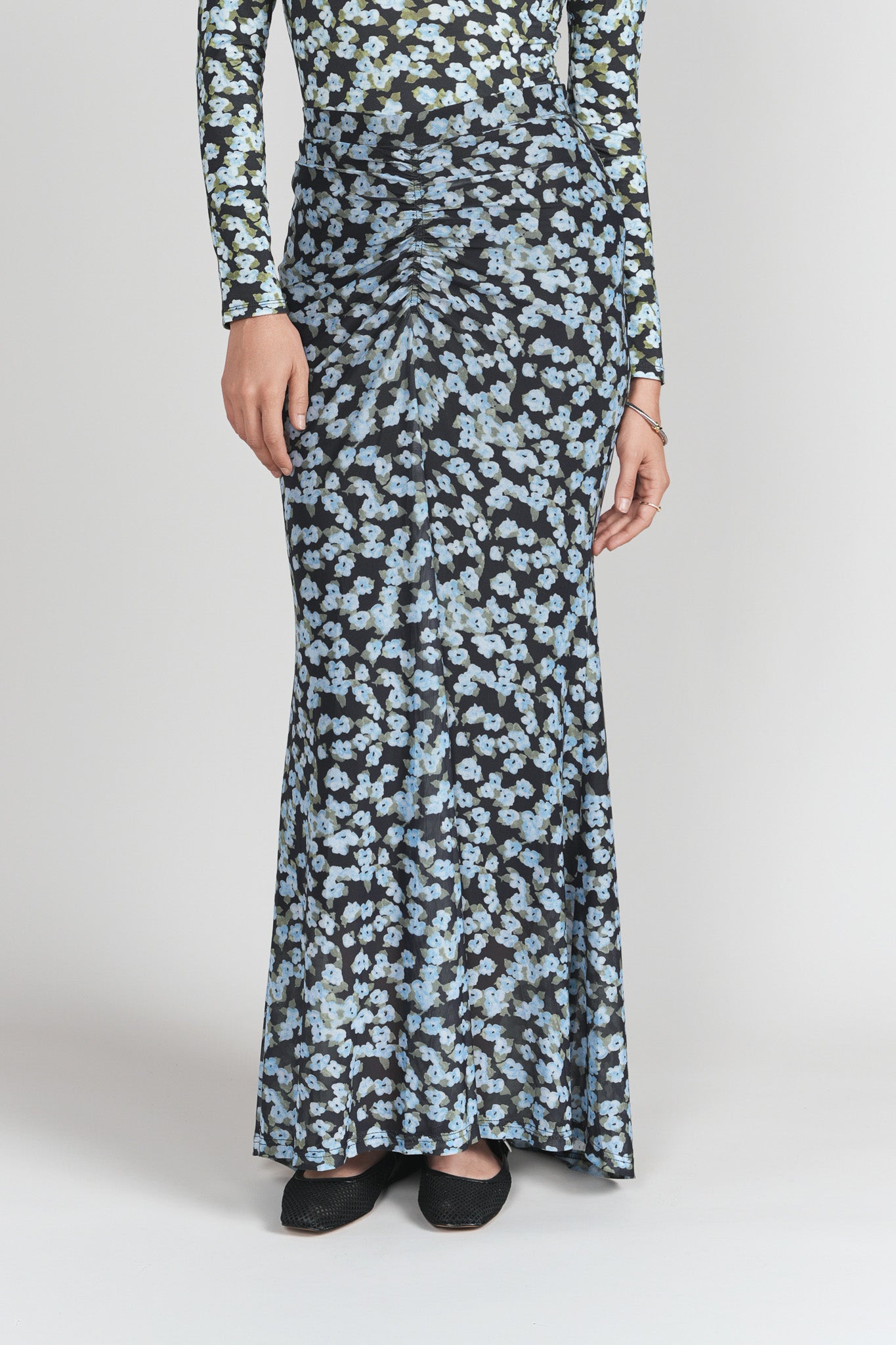 Ruched Front Skirt- Blue Floral Chiffon