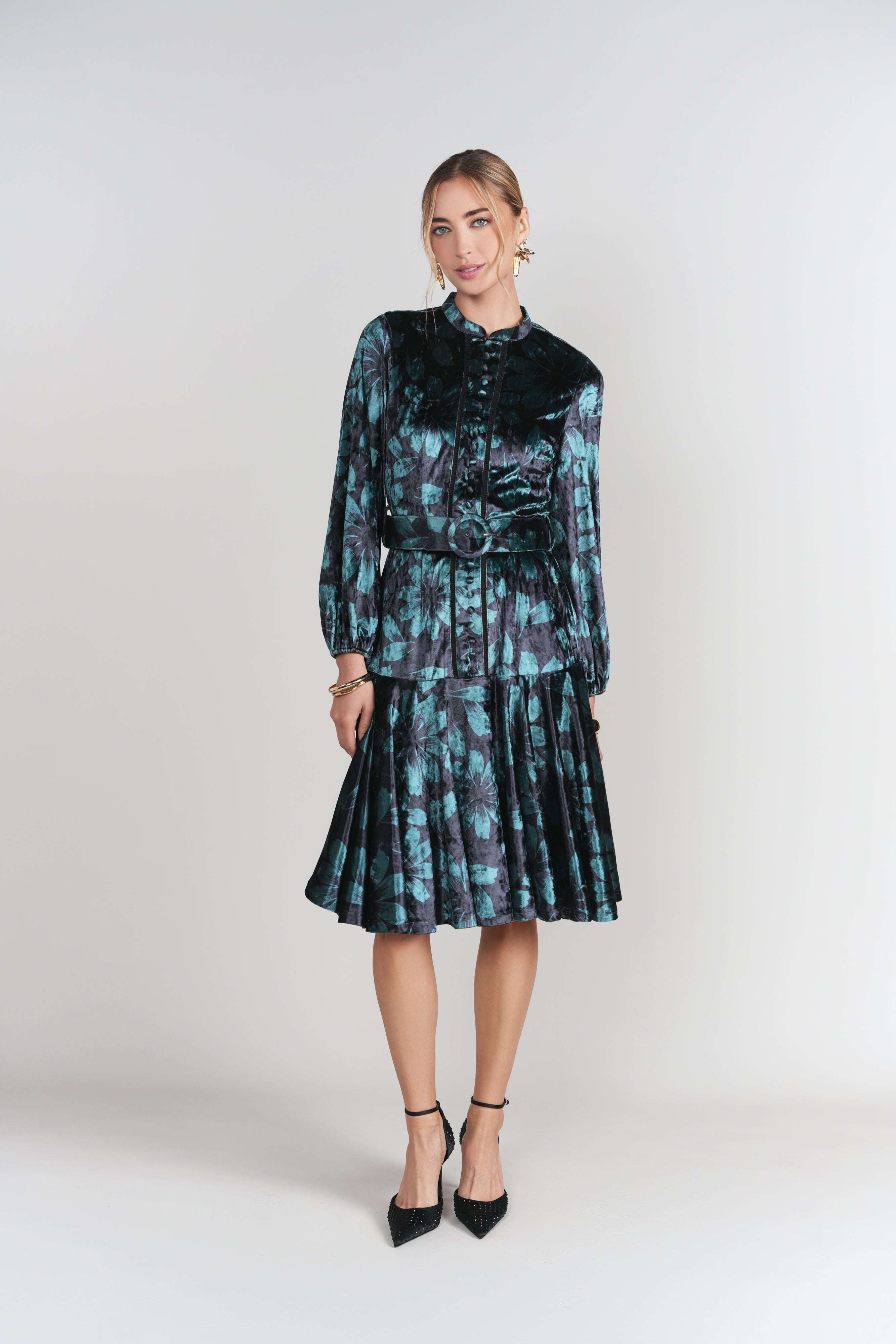 Sophie Dress- Teal Floral Velvet