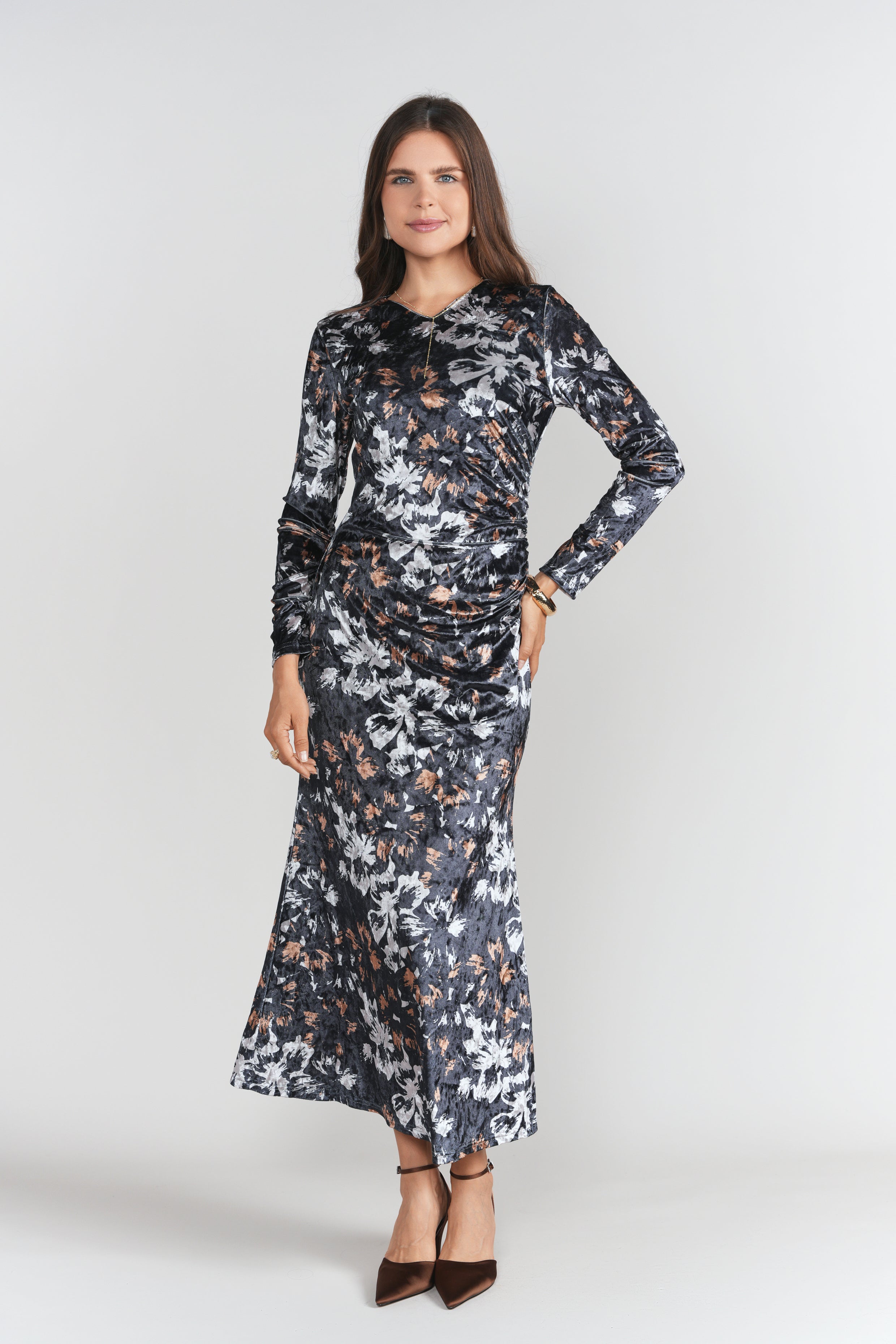 Side Ruched Velvet Dress- Brown and Black Floral