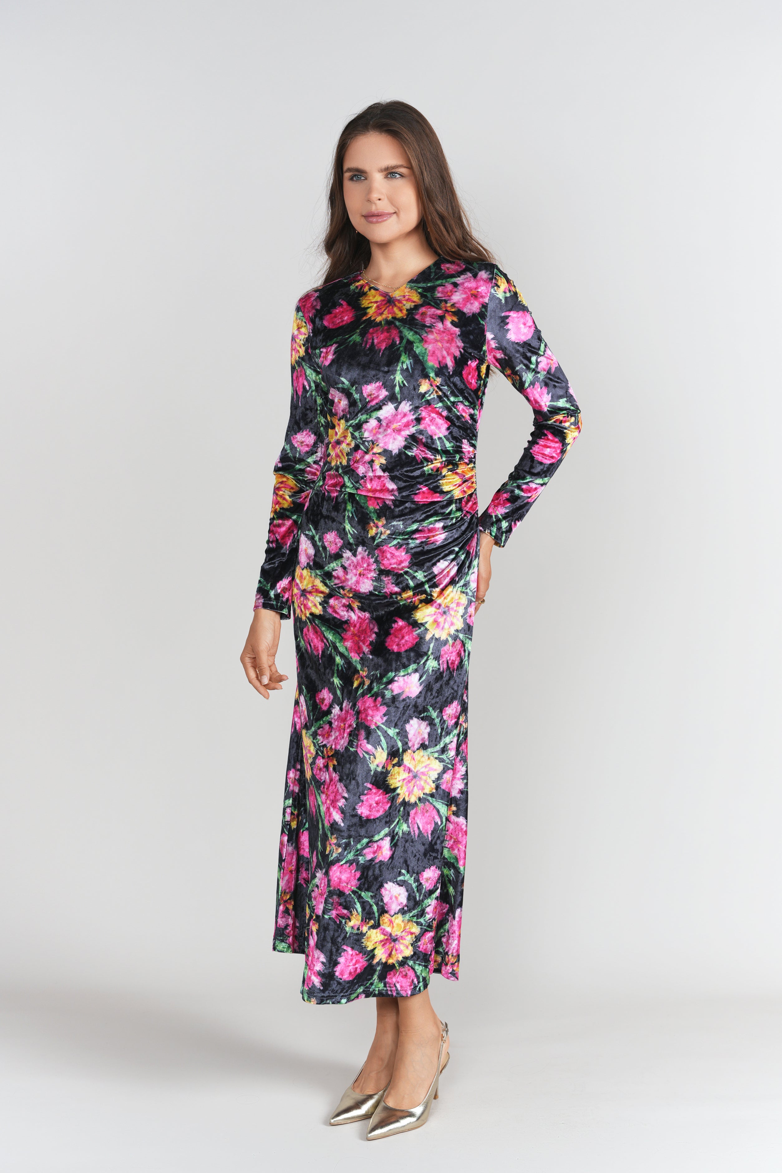 Side Ruched Velvet Dress- Winter Blossom