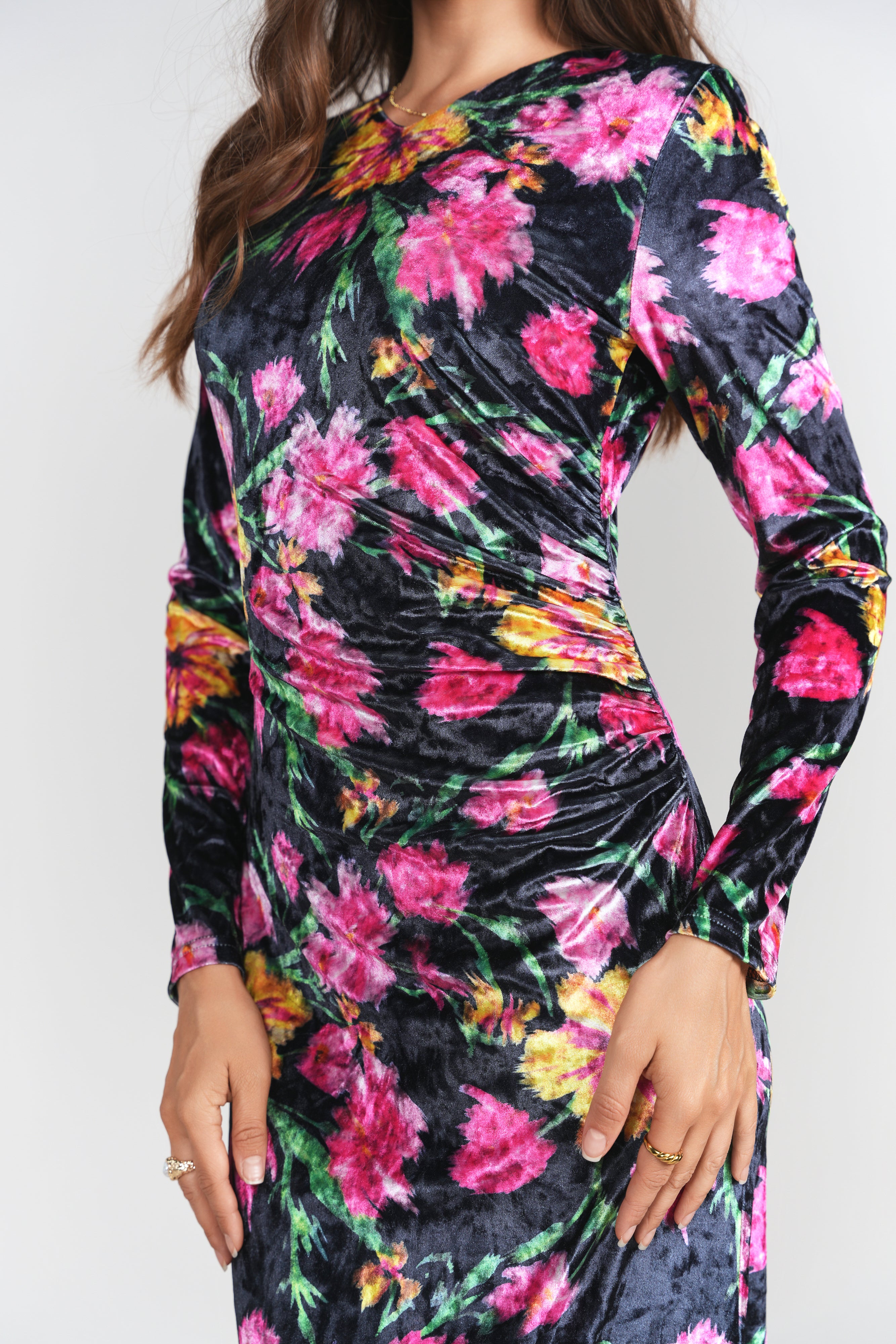 Side Ruched Velvet Dress- Winter Blossom