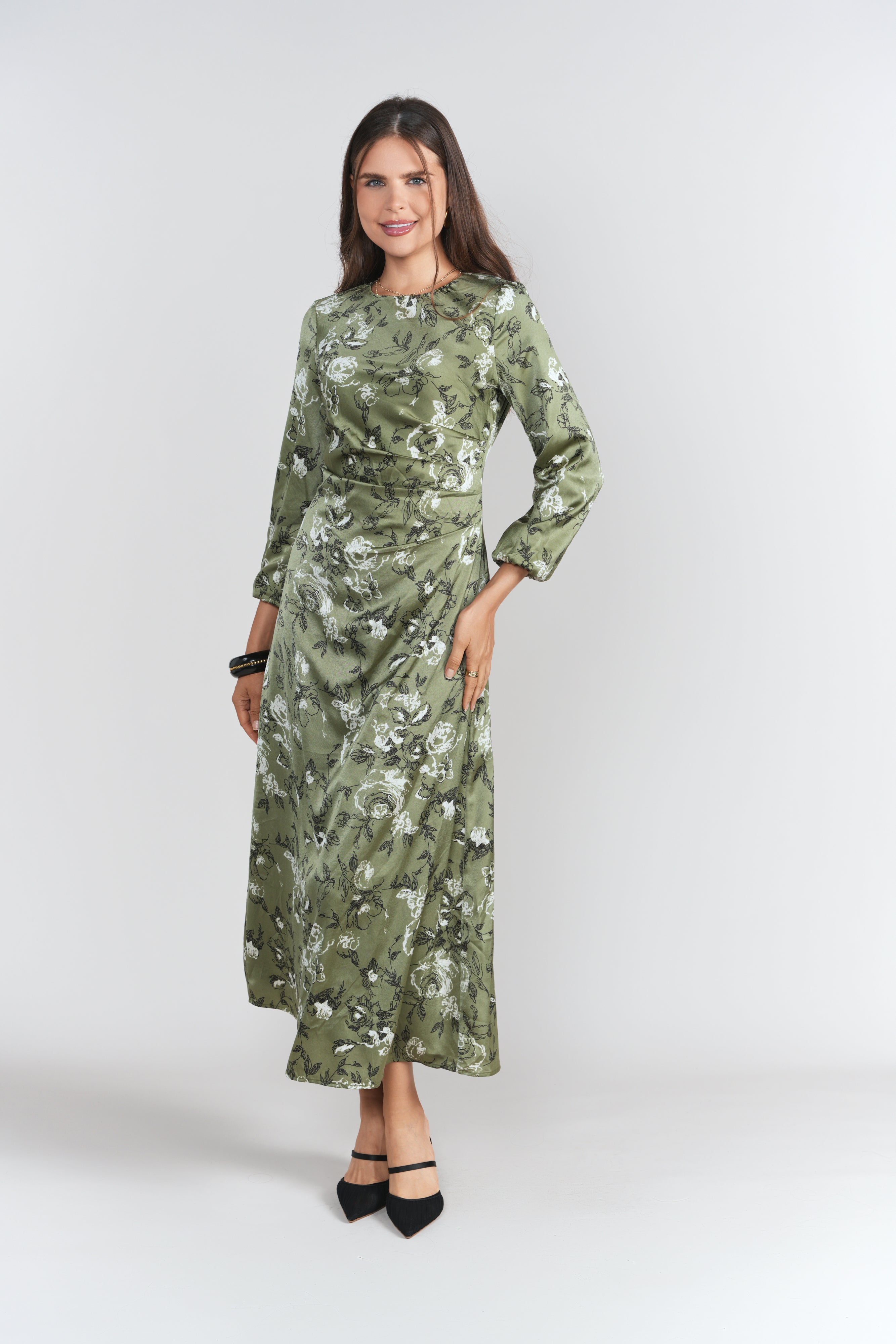 Side Ruched Dress- Soft Olive and Roses