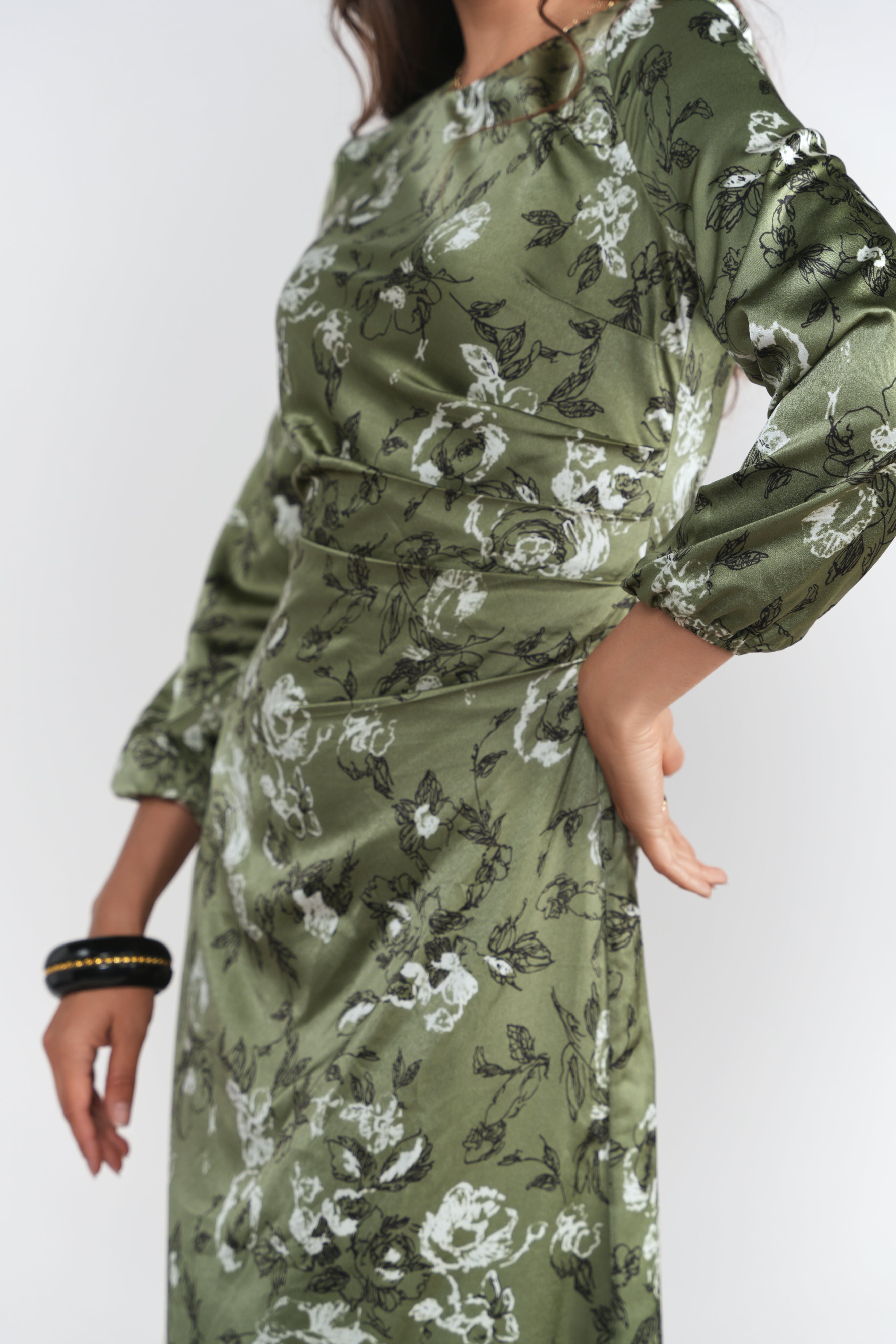 Side Ruched Dress- Soft Olive and Roses