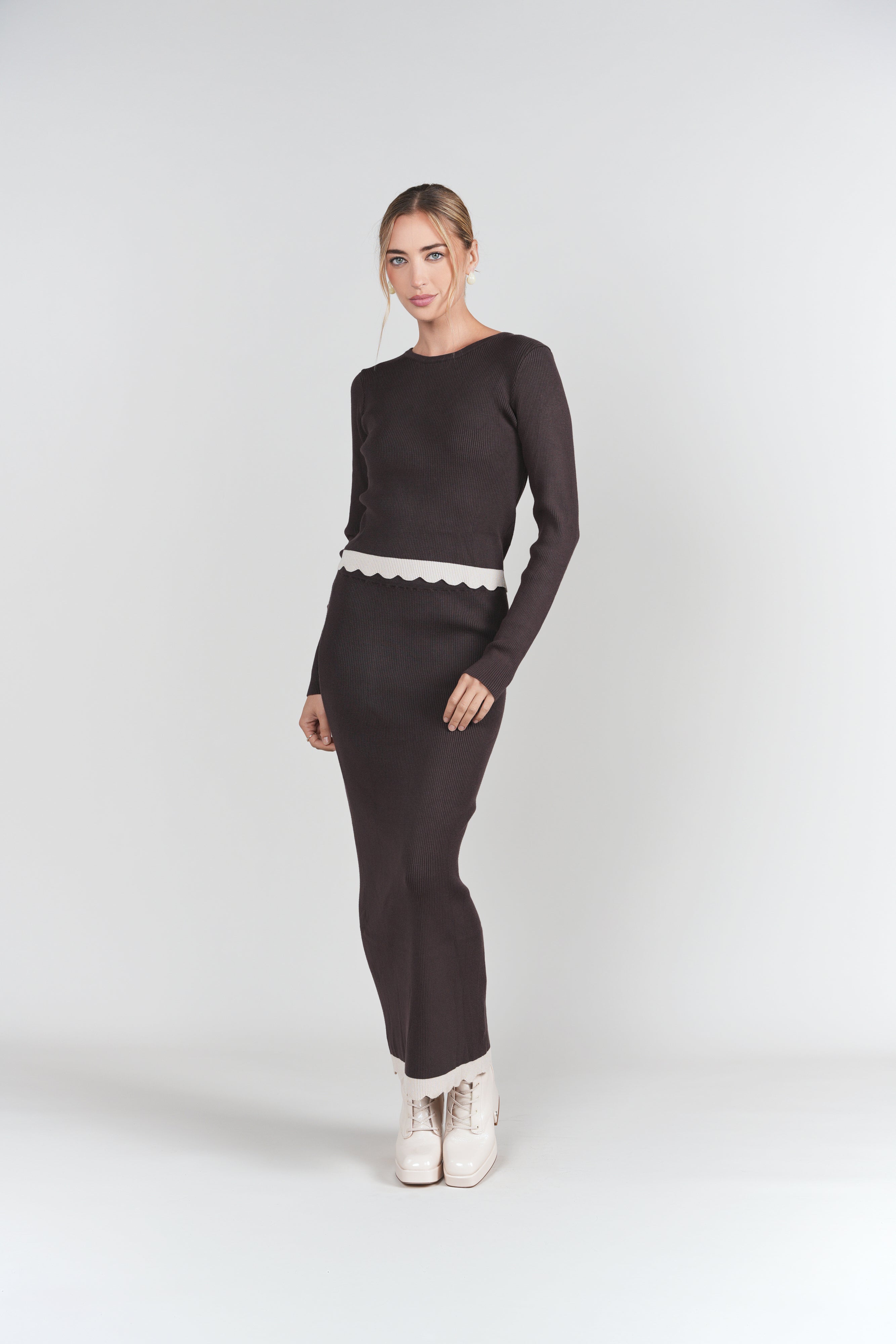 Scalloped Knit Set- Chocolate
