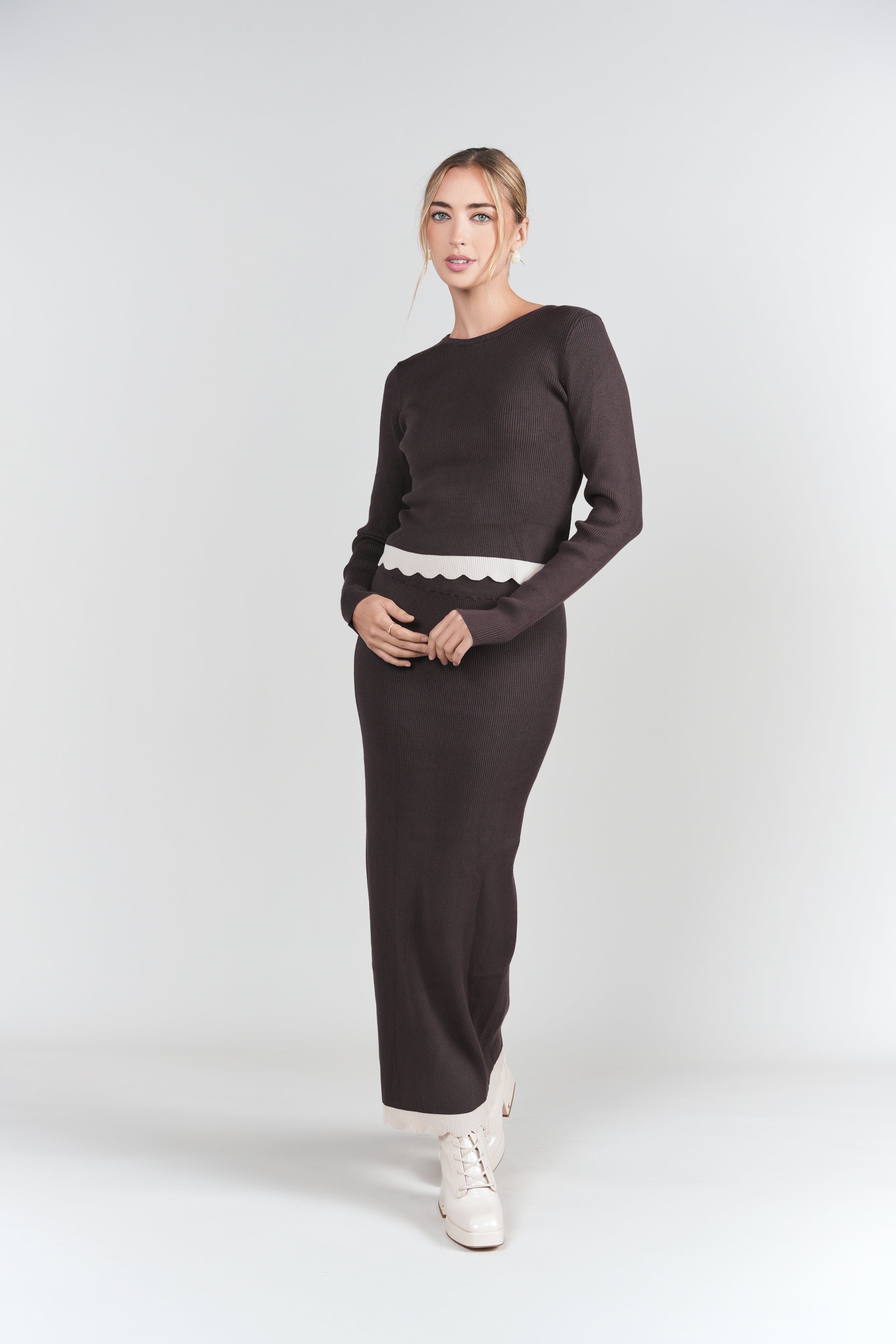 Scalloped Knit Set- Chocolate