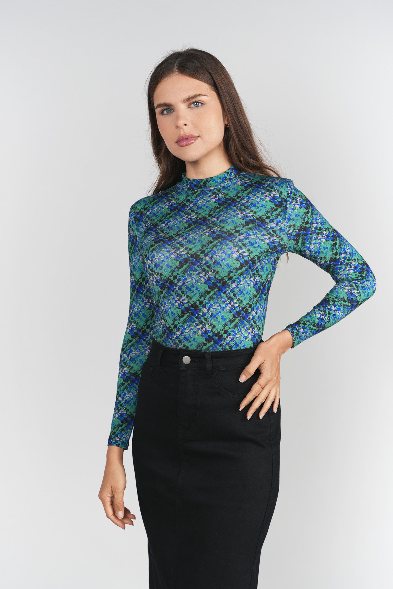 Printed Mock Neck- Abstract Plaid