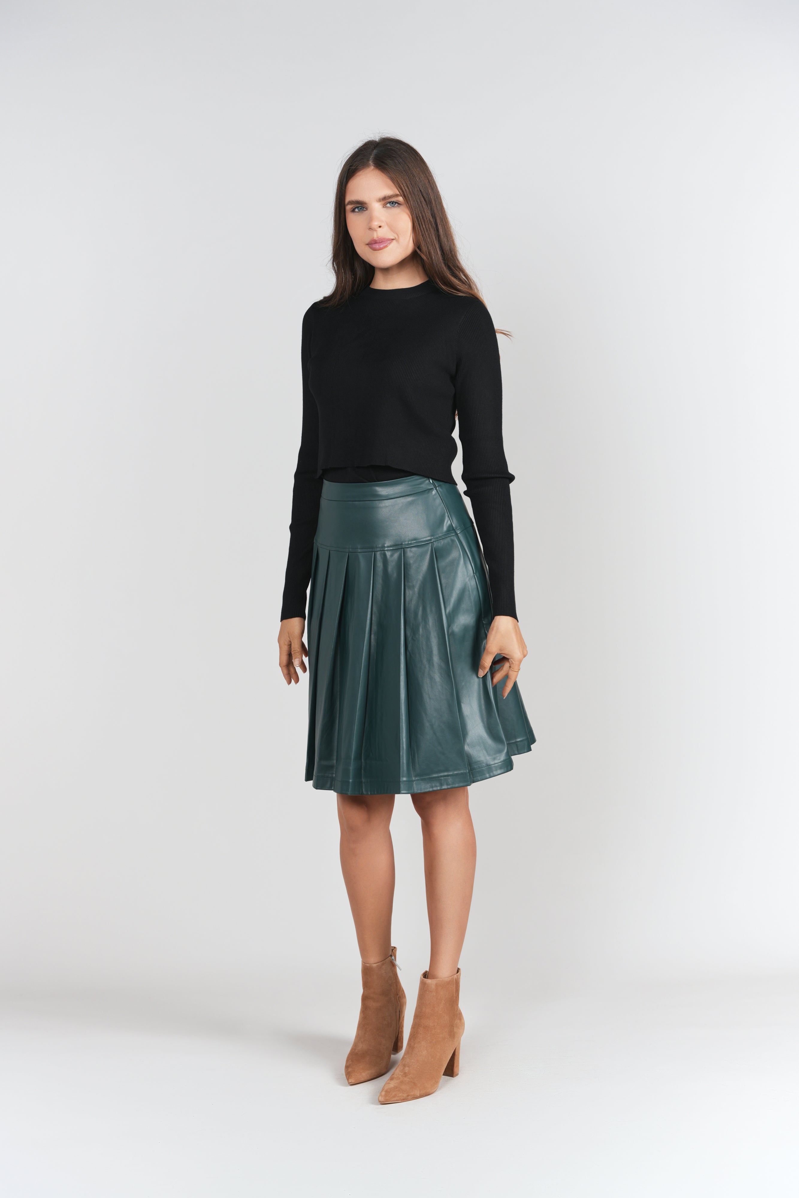 Drop Waist Leather Pleated Skirt- Pine