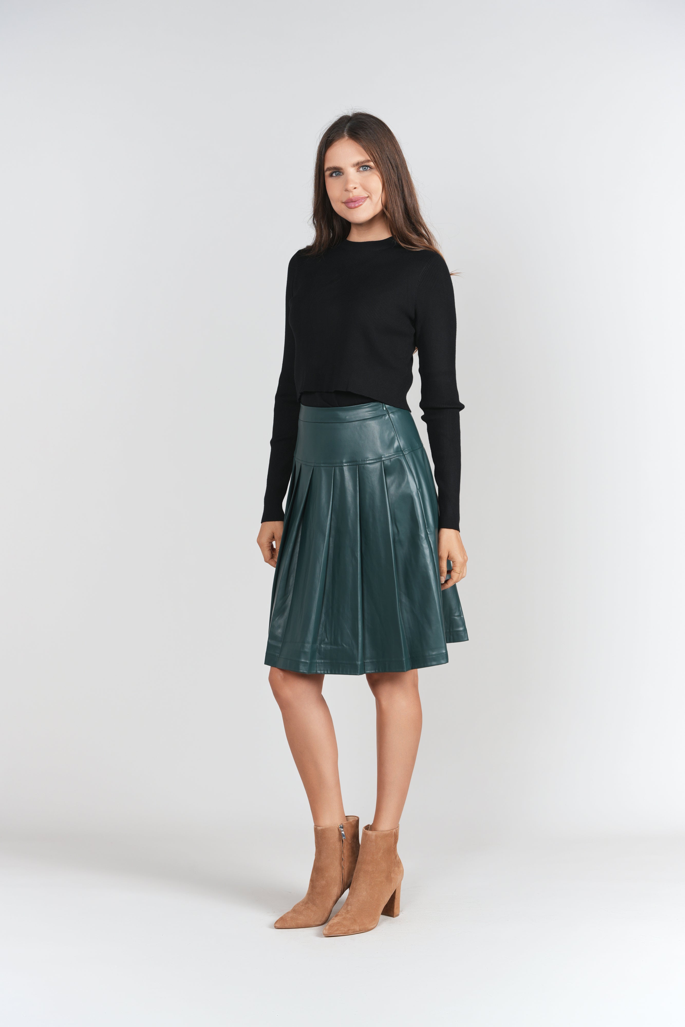 Drop Waist Leather Pleated Skirt- Pine