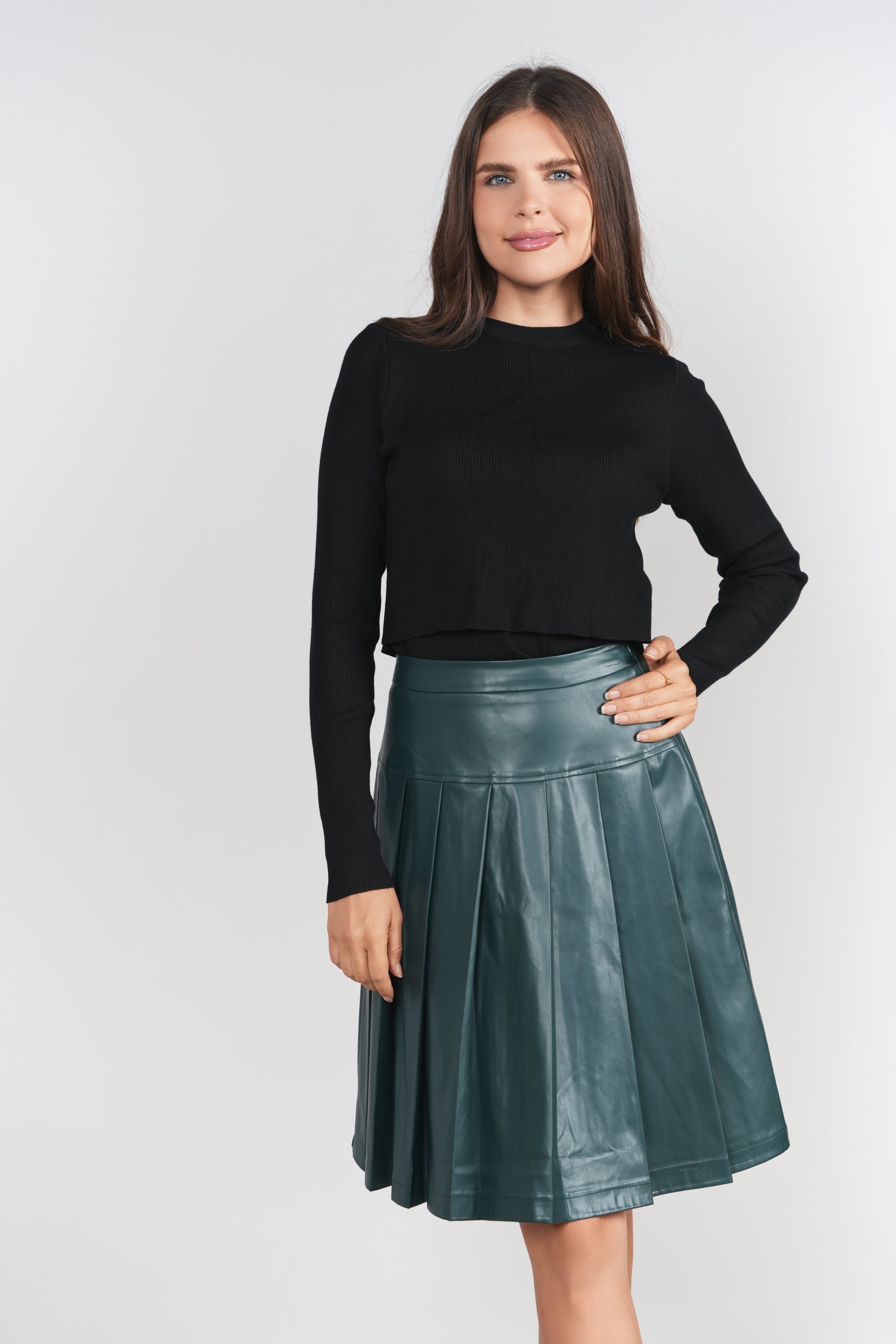 Drop Waist Leather Pleated Skirt- Pine