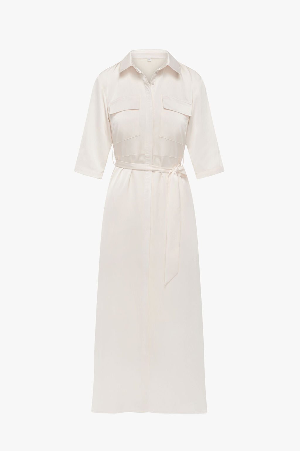 Satin Pocket Belted Dress- Cream