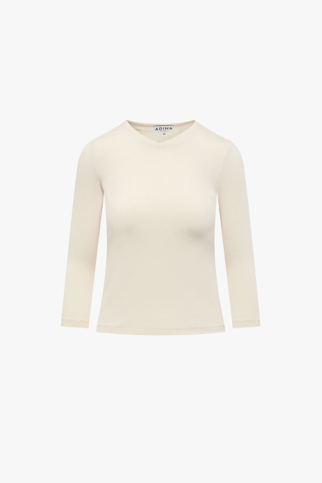 3-4 Sleeve Ribbed V Neck Tee- Beige- FINAL SALE